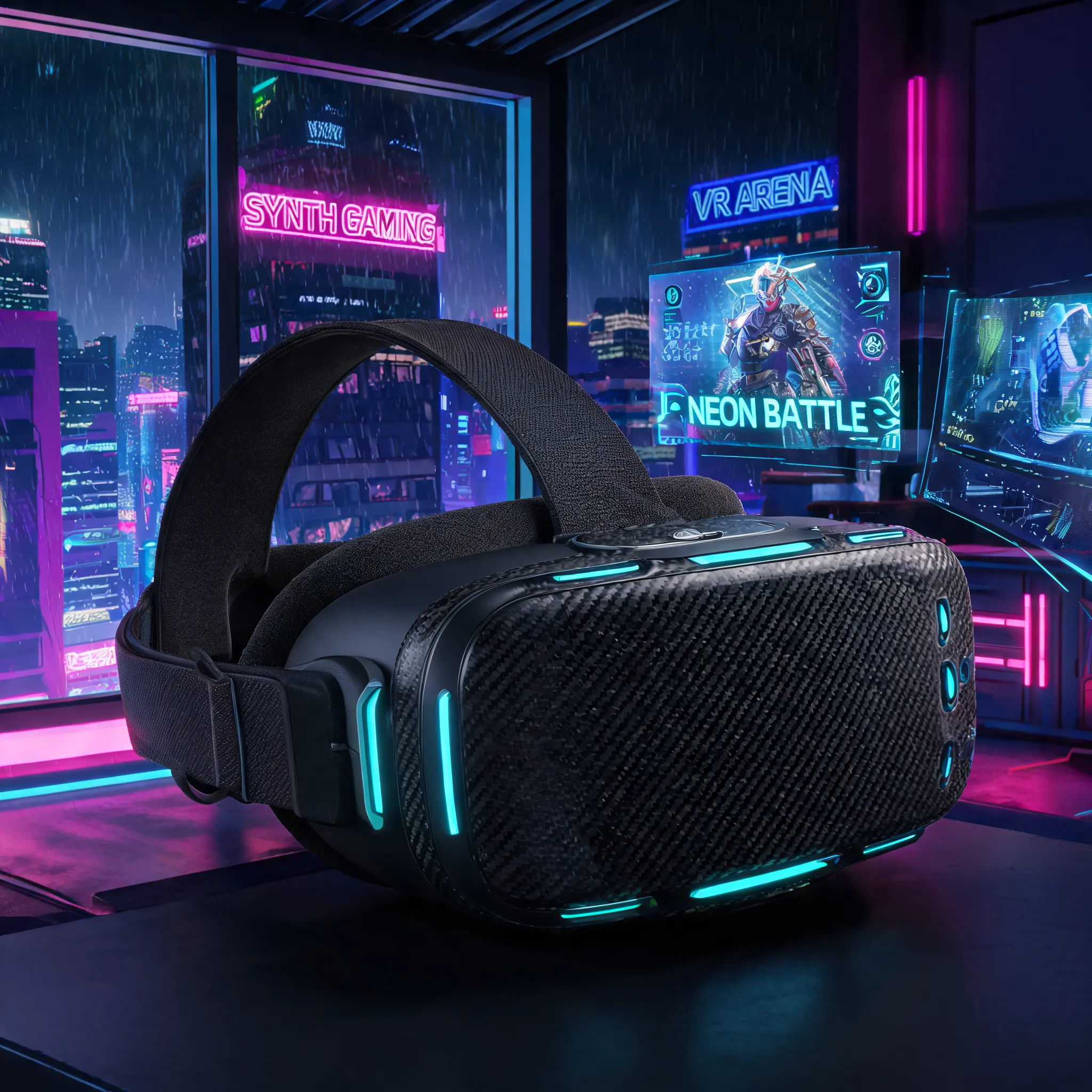 Immersive VR headset, matte carbon fiber material, cyberpunk lighting, future gaming scene