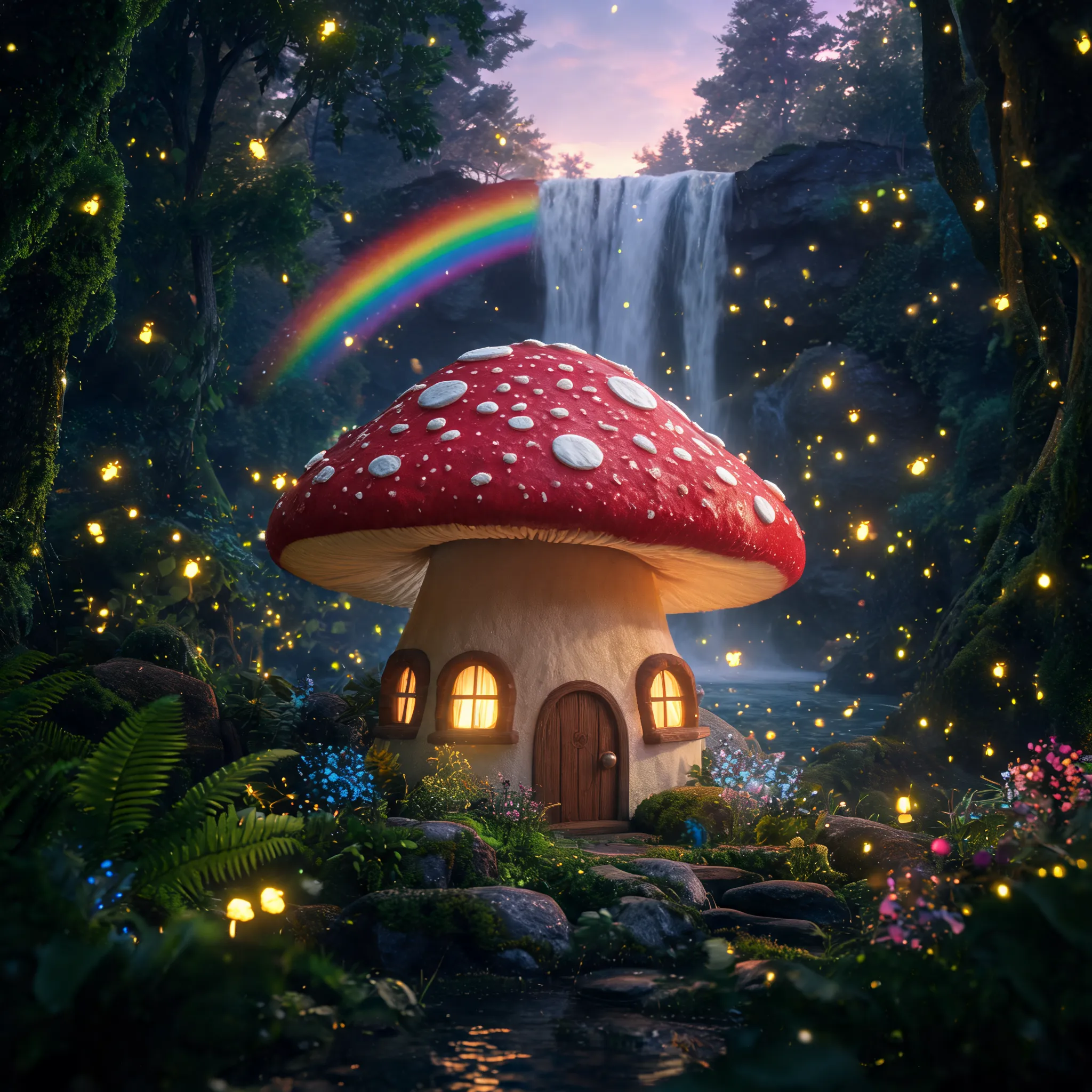 Mushroom cottage in magical forest, fireflies twinkling, rainbow waterfall flowing