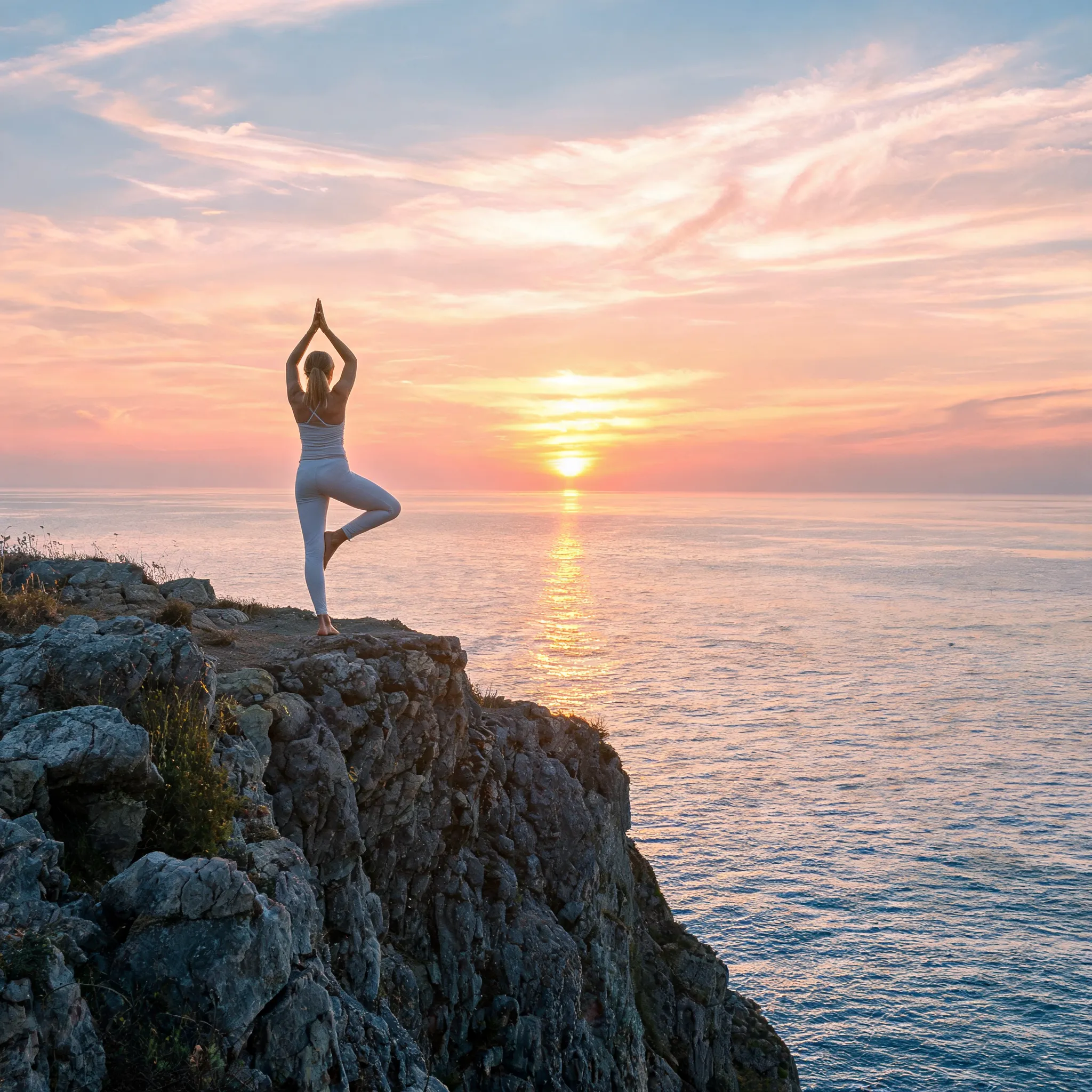 Sunrise yoga on a cliff edge