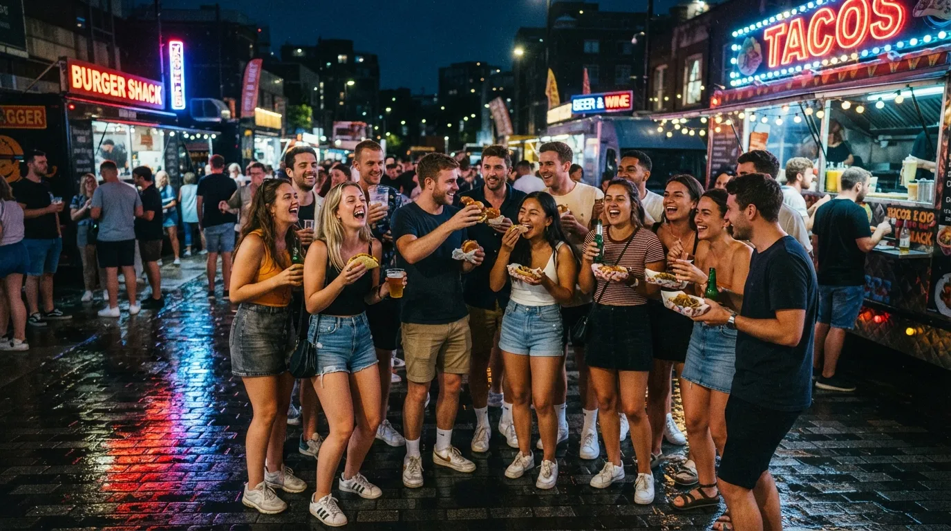 Twenty friends gathered around several food trucks during a summer evening. People hold tacos, burgers, and drinks while chatting and laughing. Neon lights reflect on wet pavement. Candid street photography.