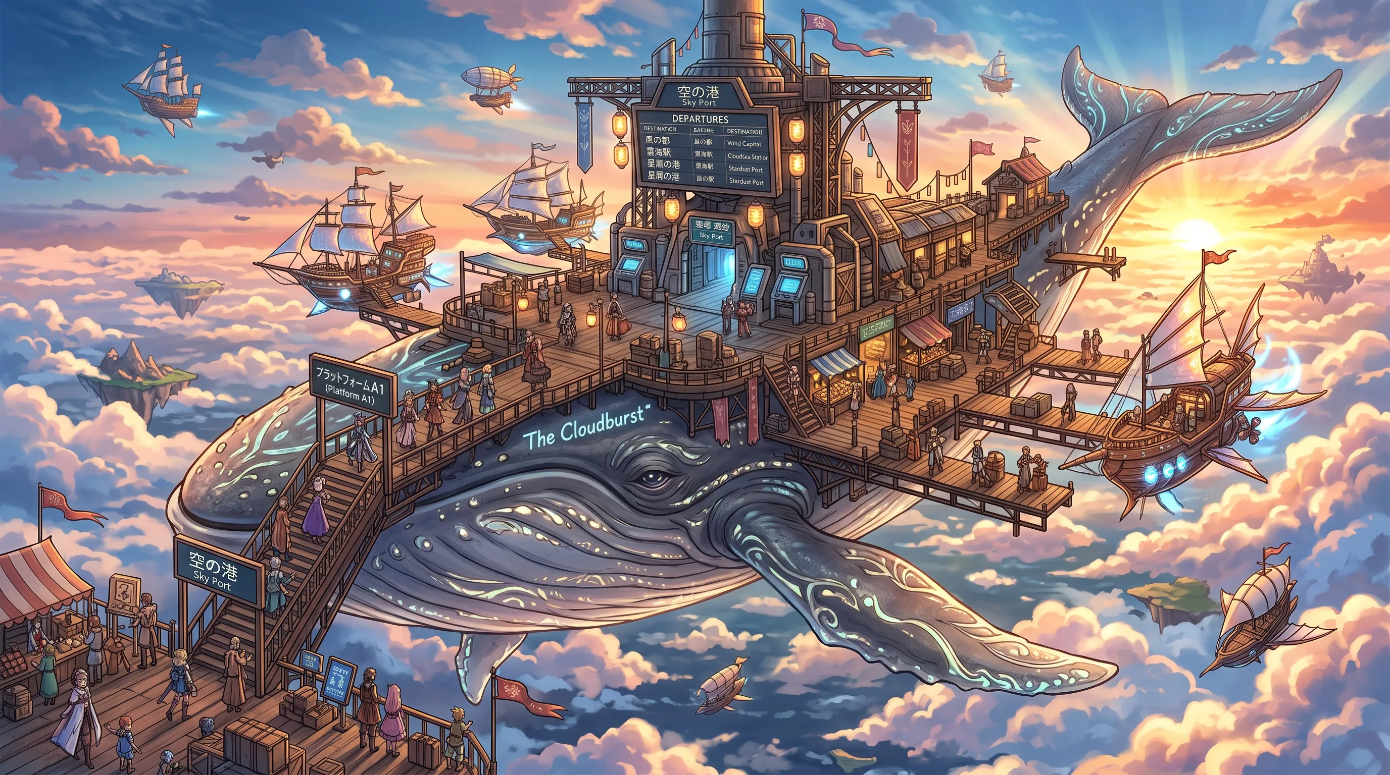 A giant flying whale serves as a transportation hub above the clouds. Travelers board airships from platforms attached to its back. Highly imaginative anime worldbuilding.