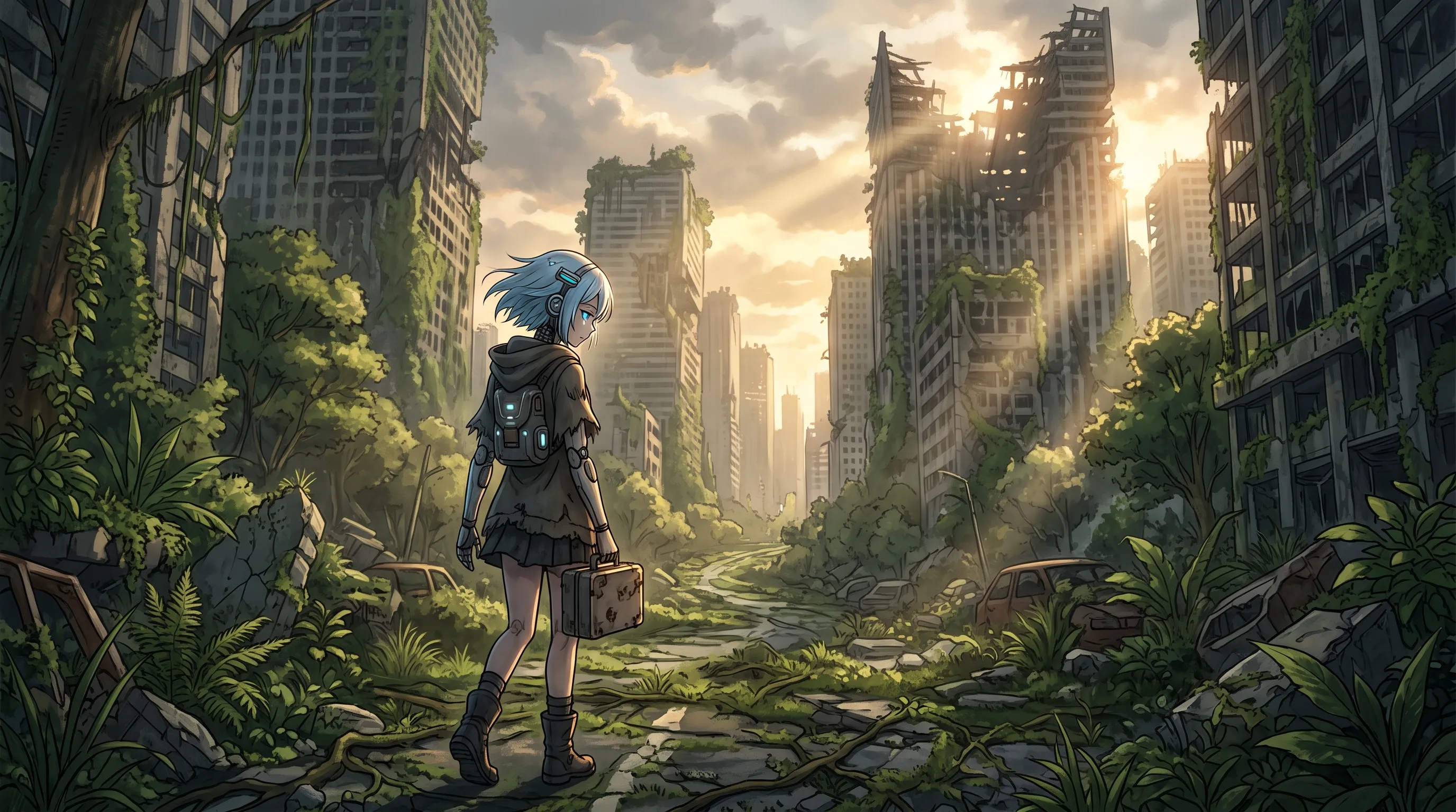 A lonely android girl wandering through an abandoned city covered in vegetation. Sunlight breaks through collapsed skyscrapers. Emotional anime artwork with post-apocalyptic atmosphere.