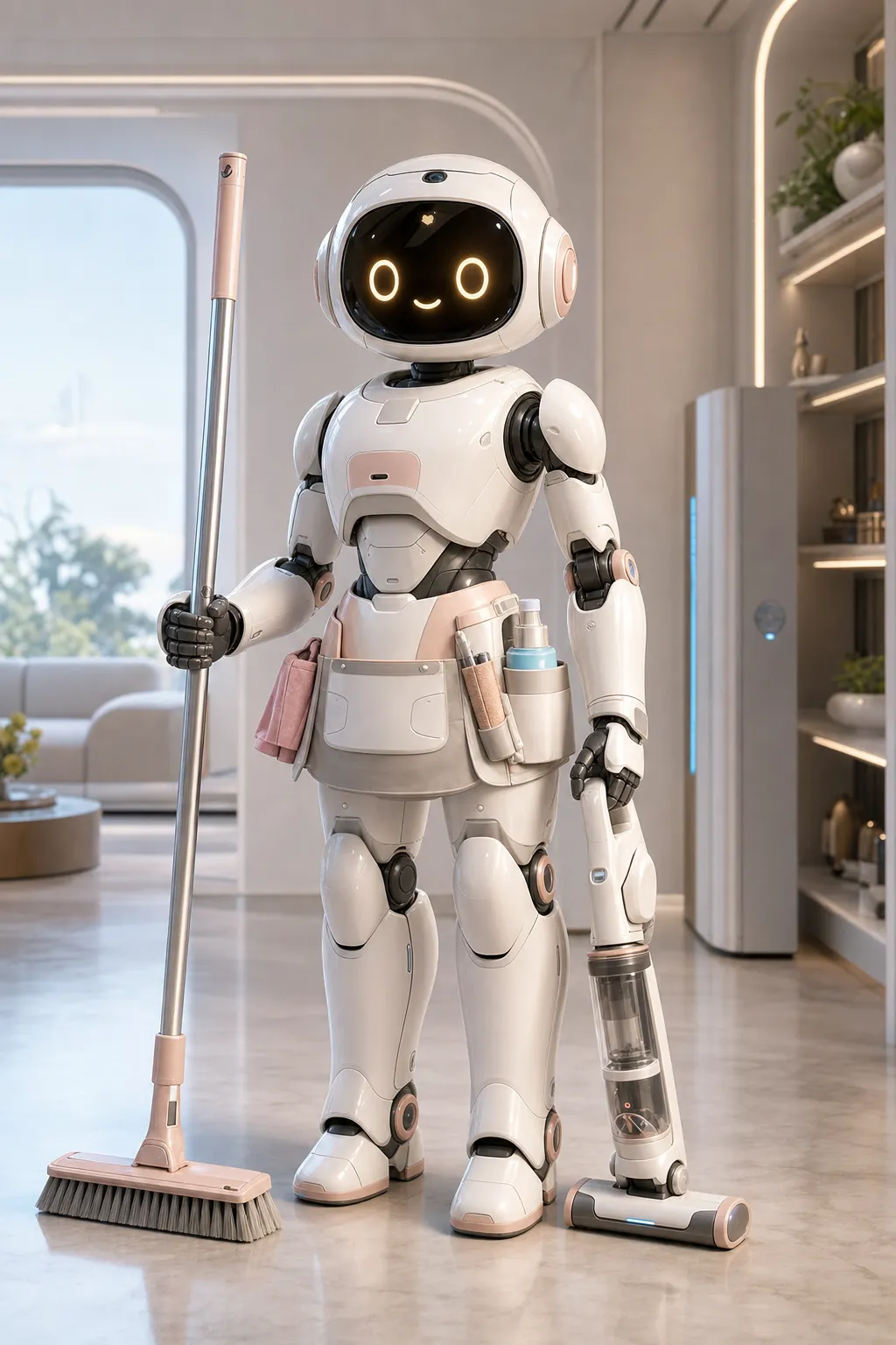 A friendly housekeeping robot, sleek white and soft pastel design, compact humanoid shape, holding cleaning tools, warm LED face expression, modern smart home background, clean sci-fi aesthetic, full body character design, detailed materials, cinematic lighting, high quality concept art