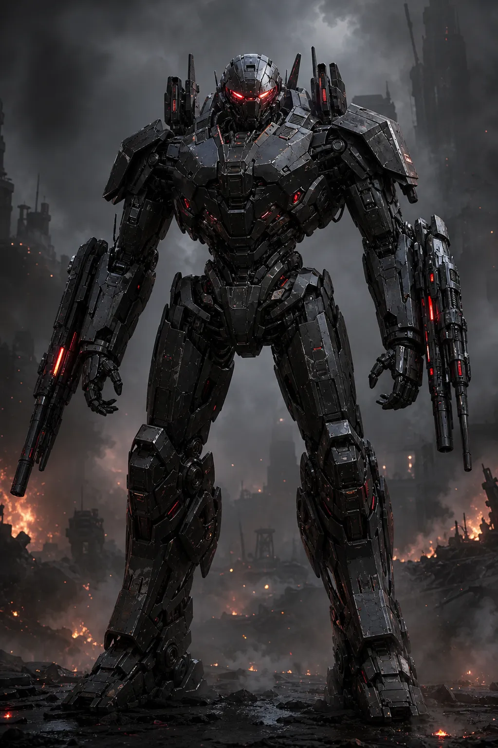 A powerful combat robot, heavy armored humanoid frame, matte black and gunmetal plating, glowing red sensors, tactical weapon systems, battle-worn scratches, standing in a smoky futuristic battlefield, full body character design, dramatic lighting, highly detailed sci-fi concept art