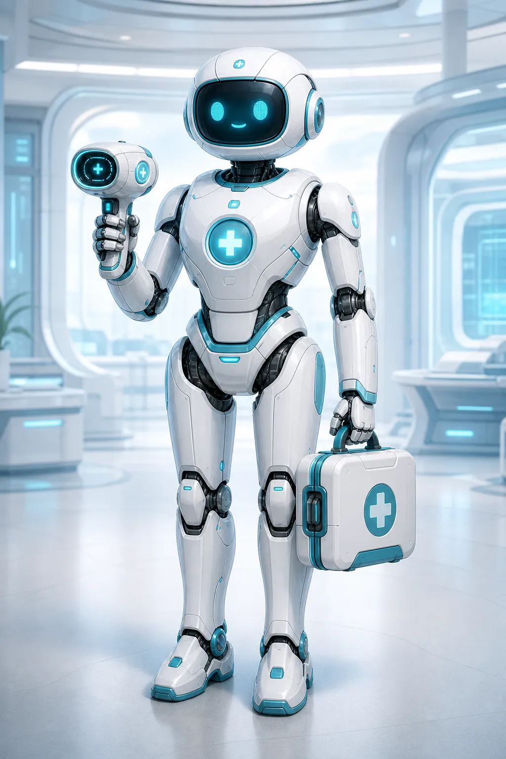 A gentle medical robot, clean white and cyan color scheme, humanoid assistant design, carrying medical scanner and emergency kit, soft glowing interface, futuristic hospital background, calm and trustworthy expression, full body character design, polished sci-fi concept art, high detail
