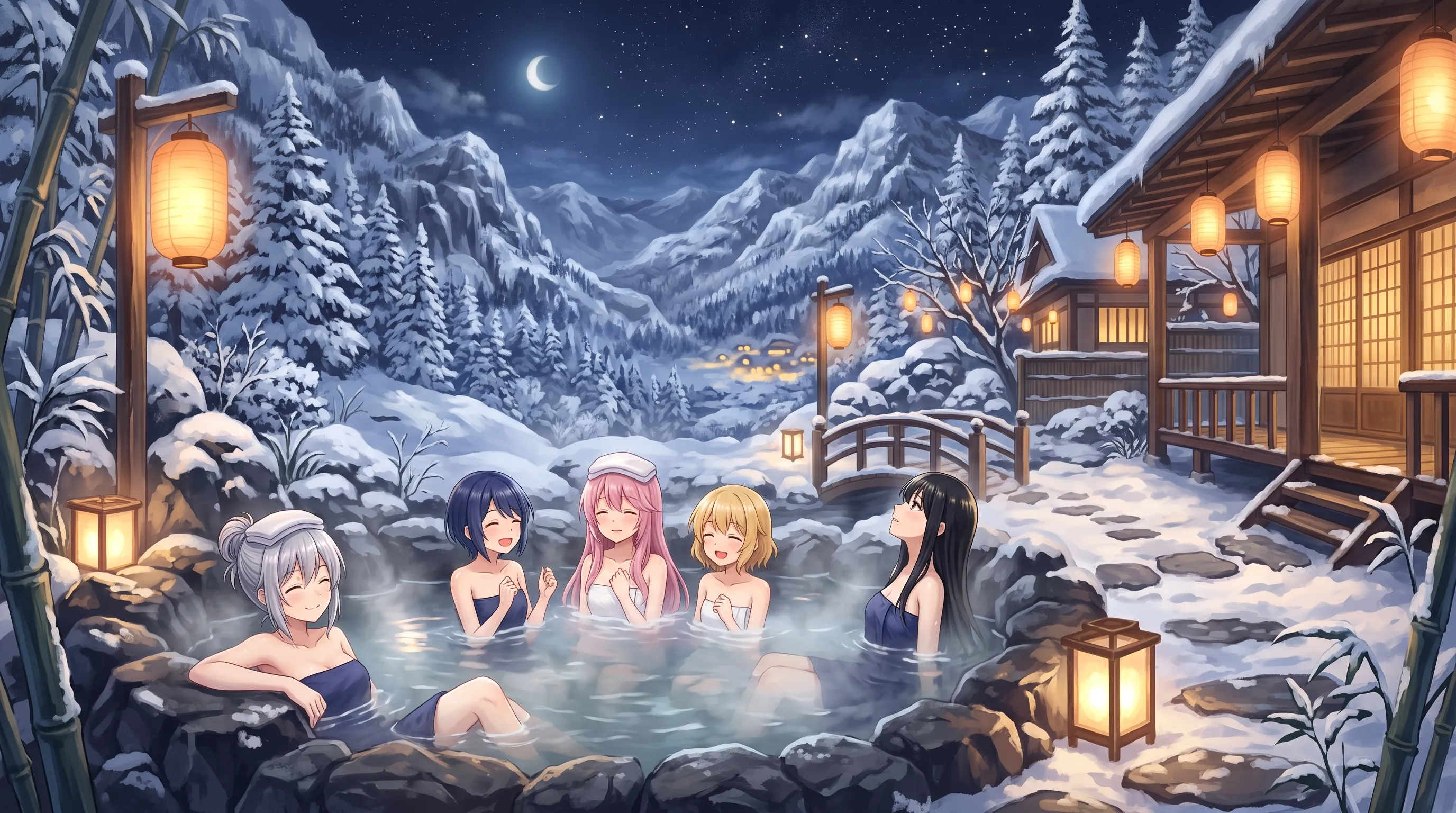 A peaceful outdoor hot spring surrounded by snow-covered mountains. Several anime characters relax in the steaming water under lantern light. Cozy atmosphere, beautifully painted anime background.