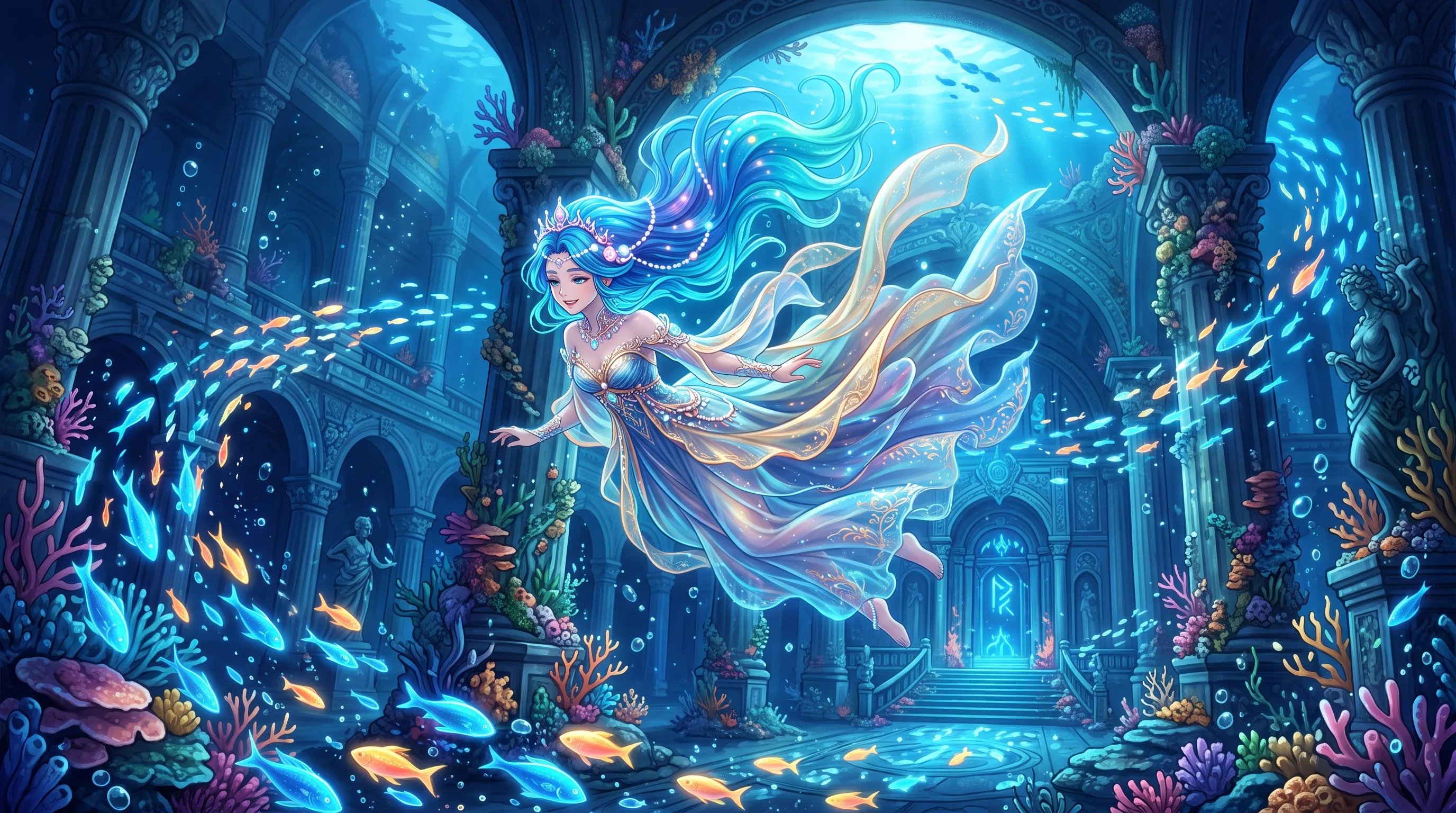 An underwater princess swimming through an ancient submerged palace. Schools of glowing fish surround her. Flowing hair and translucent fabrics move naturally with the water. Fantasy anime masterpiece.