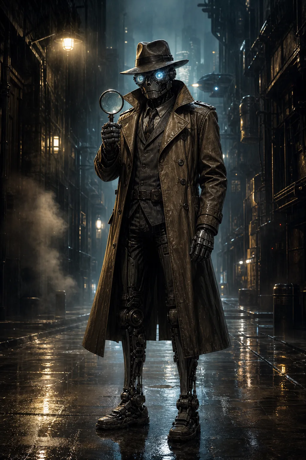 A detective robot, vintage noir-inspired humanoid machine, wearing a long trench coat and fedora, glowing analytical eyes, holding a magnifying glass, rainy cyberpunk alley background, mysterious atmosphere, full body character design, cinematic lighting, detailed sci-fi noir concept art,same character design style, consistent sci-fi universe, full body, no text, no logo
