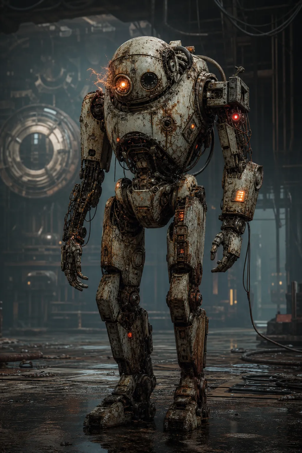 An old malfunctioning robot, outdated bulky mechanical body, rusted metal plates, exposed wires, flickering broken eye light, uneven posture, sparks and warning lights, abandoned factory background, eerie sci-fi atmosphere, full body character design, highly detailed concept art,same character design style, consistent sci-fi universe, full body, no text, no logo