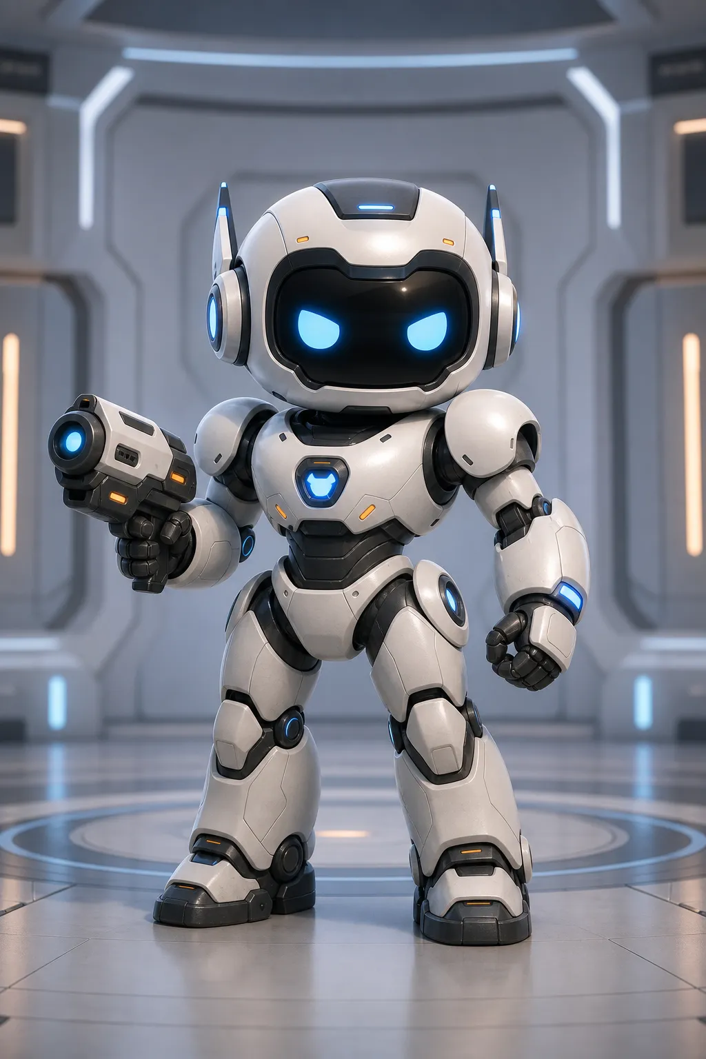 full body cute but strong combat robot character, rounded armored android body, matte white and dark gray plating, friendly black face screen with focused glowing eyes, compact shoulder armor, small sci fi blaster arm, blue and orange accent lights, clean futuristic training room background, centered composition, polished 3D character design, not scary, no blood, no text, no logo --ar 2:3