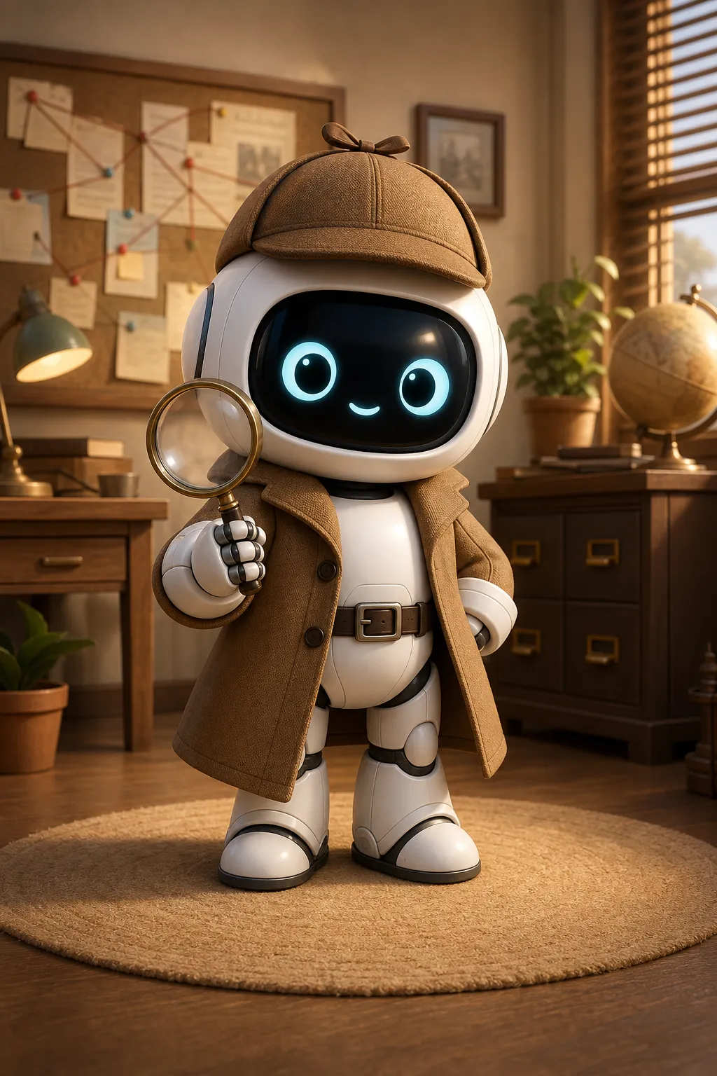 full body cute detective robot character, rounded white android body, friendly black face screen with curious glowing eyes, wearing a small brown trench coat and detective hat, holding a magnifying glass, clean cozy mystery office background, subtle warm lighting, centered composition, polished 3D character design, no dark horror mood, no text, no logo --ar 2:3