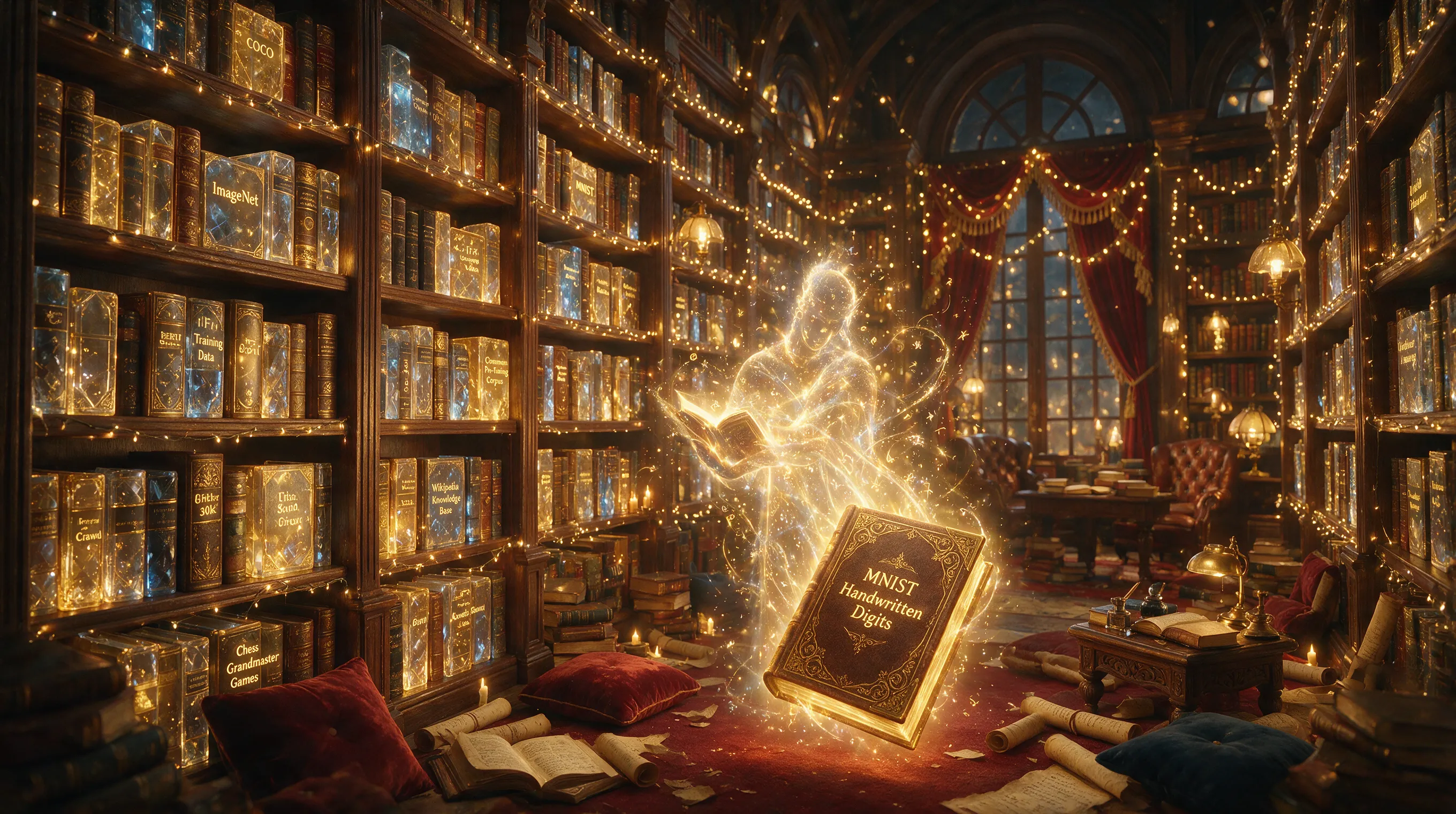 A library where every book is a dataset and a glowing librarian (AI) recommends books by reading their energy signatures, warm and cozy fantasy atmosphere.