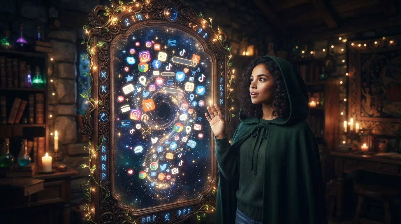 A magic mirror that does not show your reflection but shows your data footprint – floating icons of your online activity, fairy-tale meets digital art.