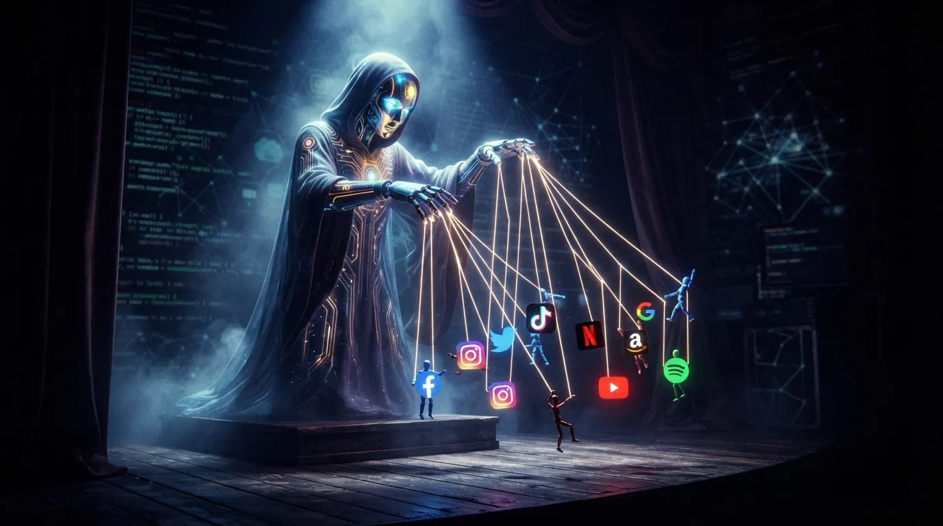 A puppet master (AI) pulling strings of light attached to various digital puppets (apps/services), dark stage background, dramatic spotlight, metaphorical and theatrical.