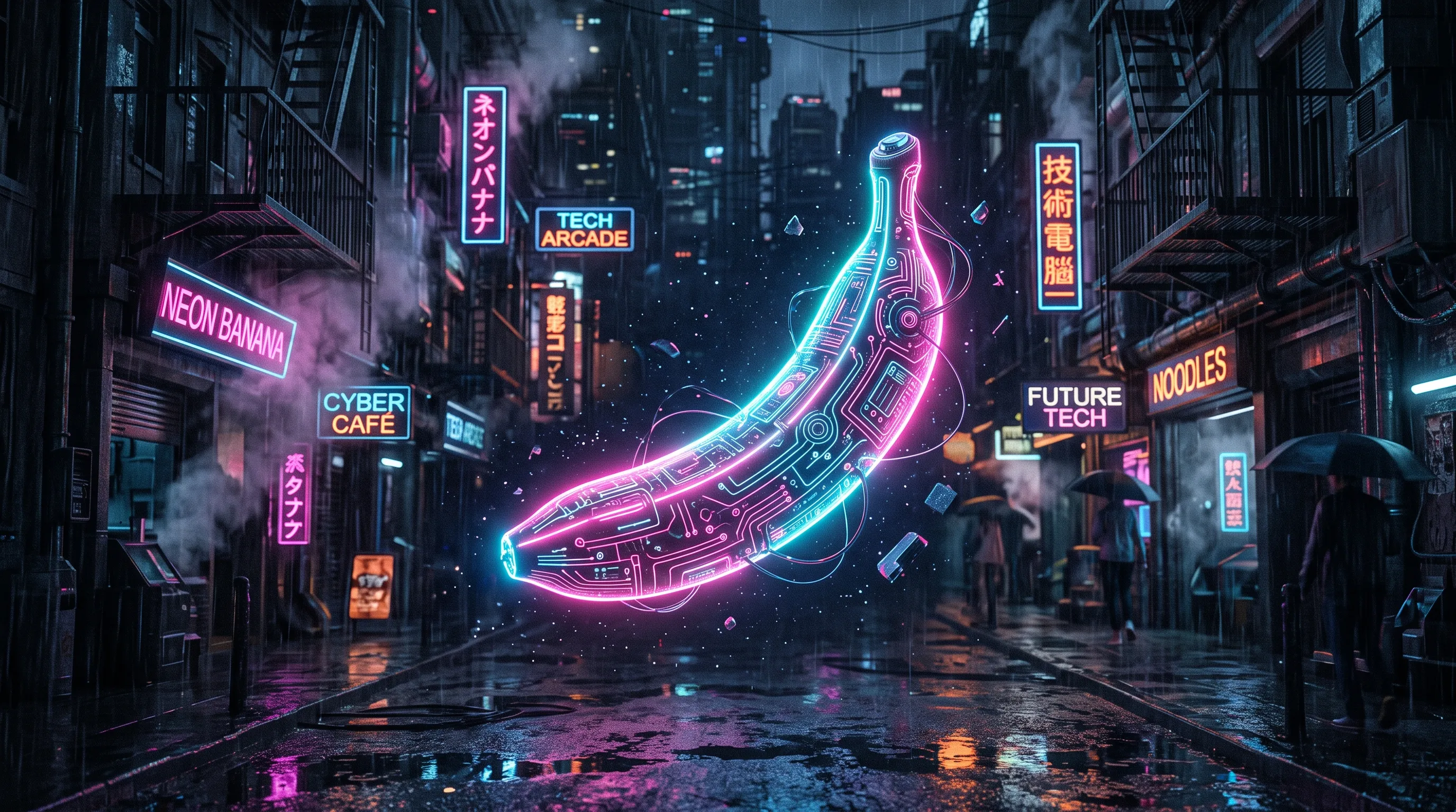 A glowing neon cyber banana floating in space, intricate circuit patterns etched onto its organic skin. Cyberpunk aesthetic, dark futuristic city alley in the background, rain-slicked pavement reflecting pink and cyan neon lights, volumetric smoke, cinematic lighting, dramatic mood.