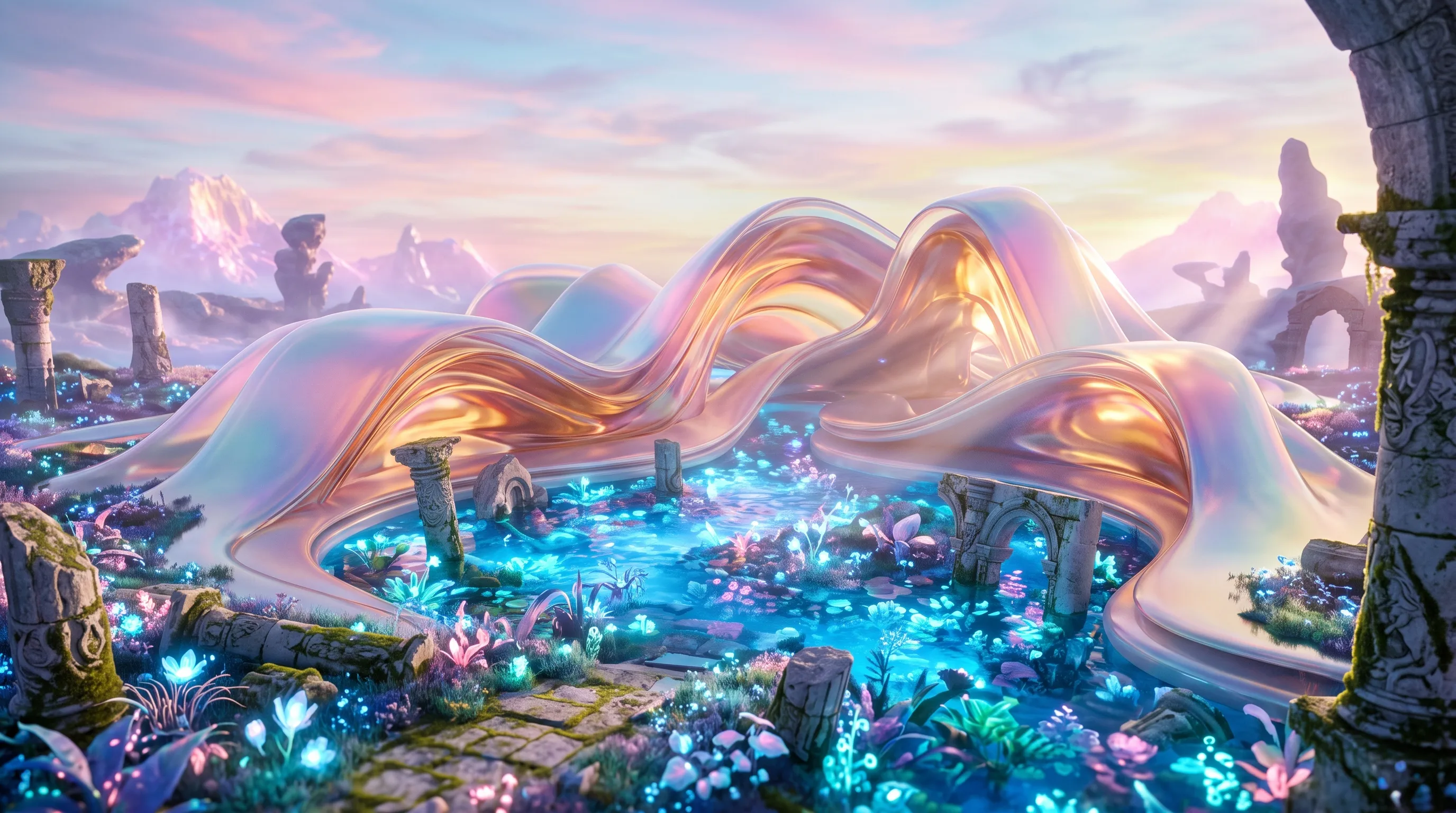 Midjourney Prompt: A surreal architectural composition, flowing geometric structures made of molten glass, a bioluminescent pool with glowing flora and ancient ruins, soft pastel gradient colors, dreamy atmosphere, photorealistic rendering, volumetric lighting --ar 16:9 --v 6.0 DALL-E 3 Prompt: A detailed, photorealistic photograph capturing a surreal architectural landscape. Central to the scene are smooth, geometric buildings that seem to be flowing like liquid molten glass. These structures surround a glowing pool of water filled with bioluminescent plants and scattered ancient ruins. The overall palette features soft pastel gradients of pink, blue, and gold. The scene has a dreamy, otherworldly atmosphere with volumetric light rays piercing through, creating soft shadows. The depth of field is shallow, focusing on the intricate details.