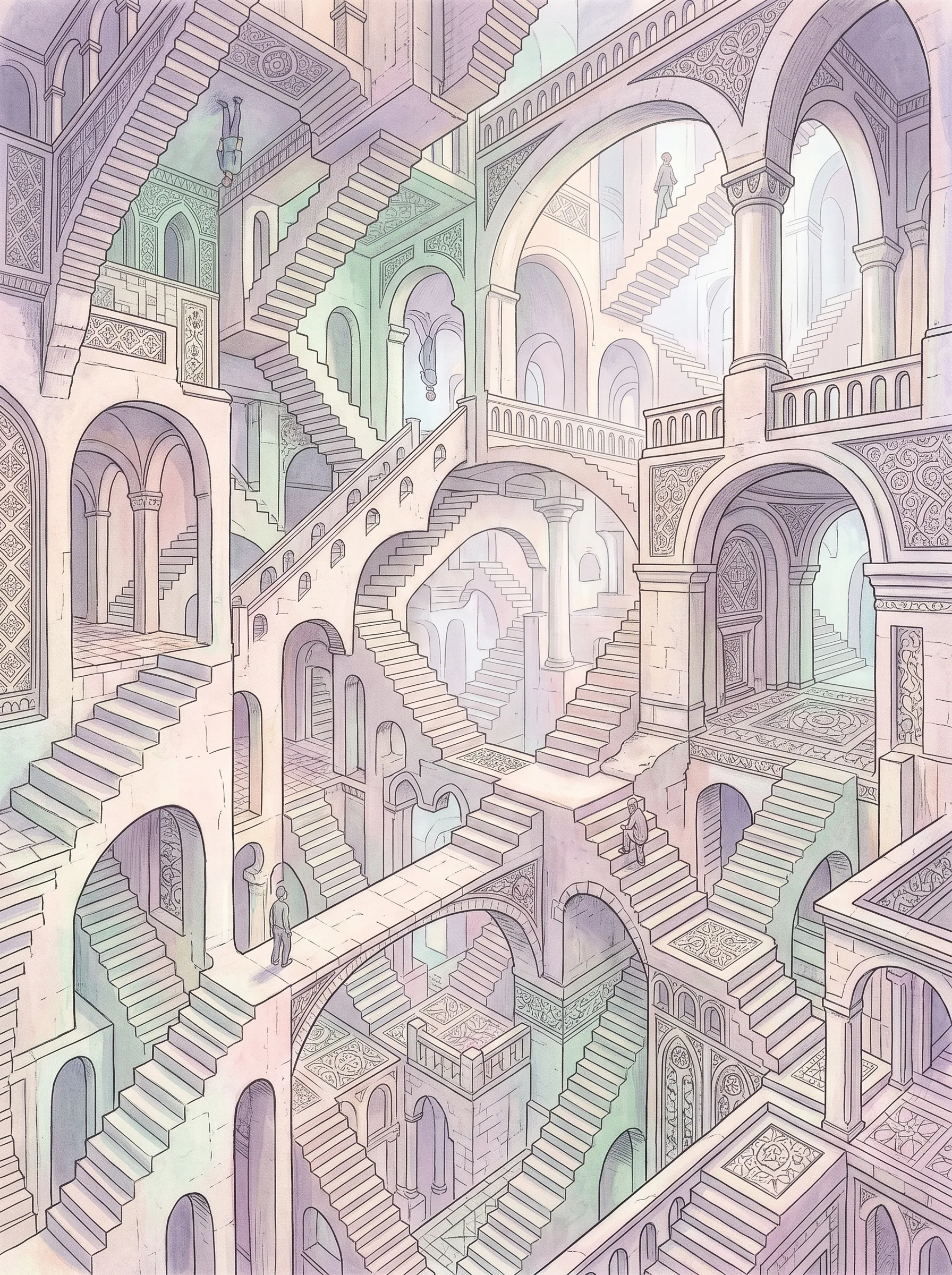 Midjourney Prompt: Surreal impossible architecture inspired by M.C. Escher, a maze of stairs that connect in impossible ways, infinite loops and intersecting paths, intricate geometric patterns, soft pastel color scheme, ethereal lighting, depth, complex composition --ar 3:4 --v 6.0 DALL-E 3 Prompt: An illustration in a surreal style, capturing an impossible architecture maze inspired by M.C. Escher. The image shows a complex network of stairs, walkways, and arches that connect in logically impossible ways, creating infinite loops and contradictory intersecting paths. The structures feature intricate geometric patterns. The entire scene is bathed in an ethereal light and uses a soft, dreamlike pastel color palette. The composition has extreme depth, drawing the viewer into the confounding, complex space.