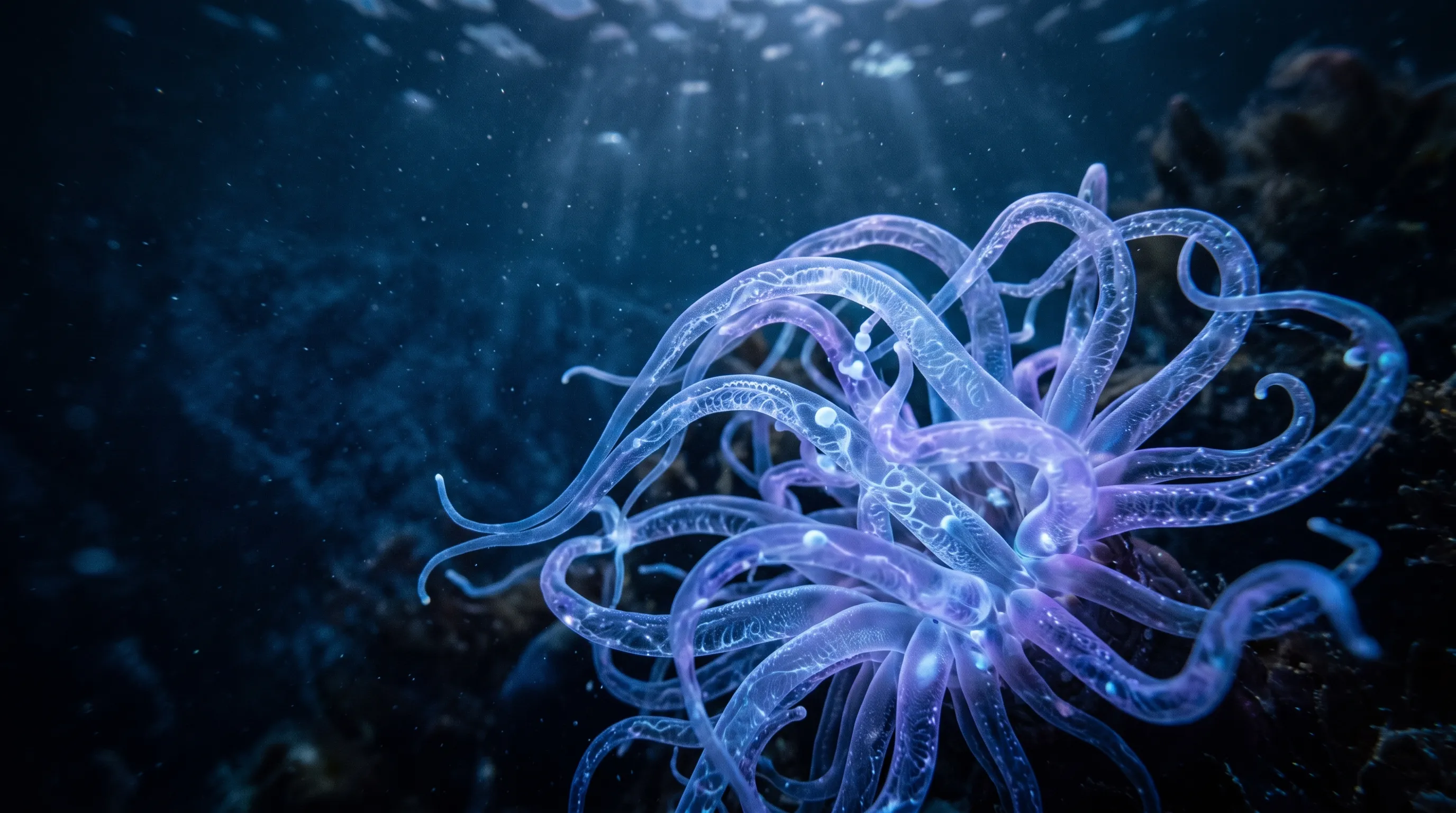 Midjourney Prompt: Close-up photorealistic shot of glowing biological bioluminescent tentacles underwater, complex organic forms made of light and translucent material, radiating a soft blue and purple light, delicate filigree patterns, caustic light reflections, mysterious atmosphere, depth of field --ar 16:9 --v 6.0 DALL-E 3 Prompt: A high-resolution, detailed underwater photograph focusing closely on a set of intricate biological bioluminescent tentacles. The tentacles form complex organic shapes, made of a translucent material and seemingly composed of pure light. They radiate a soft, undulating blue and purple light, covered in delicate, filigree patterns. The surrounding water is filled with caustic light reflections from above. A mysterious atmosphere is enhanced by a very shallow depth of field, rendering the background into a deep, textured blue. The focus on the glowing details is incredibly sharp.