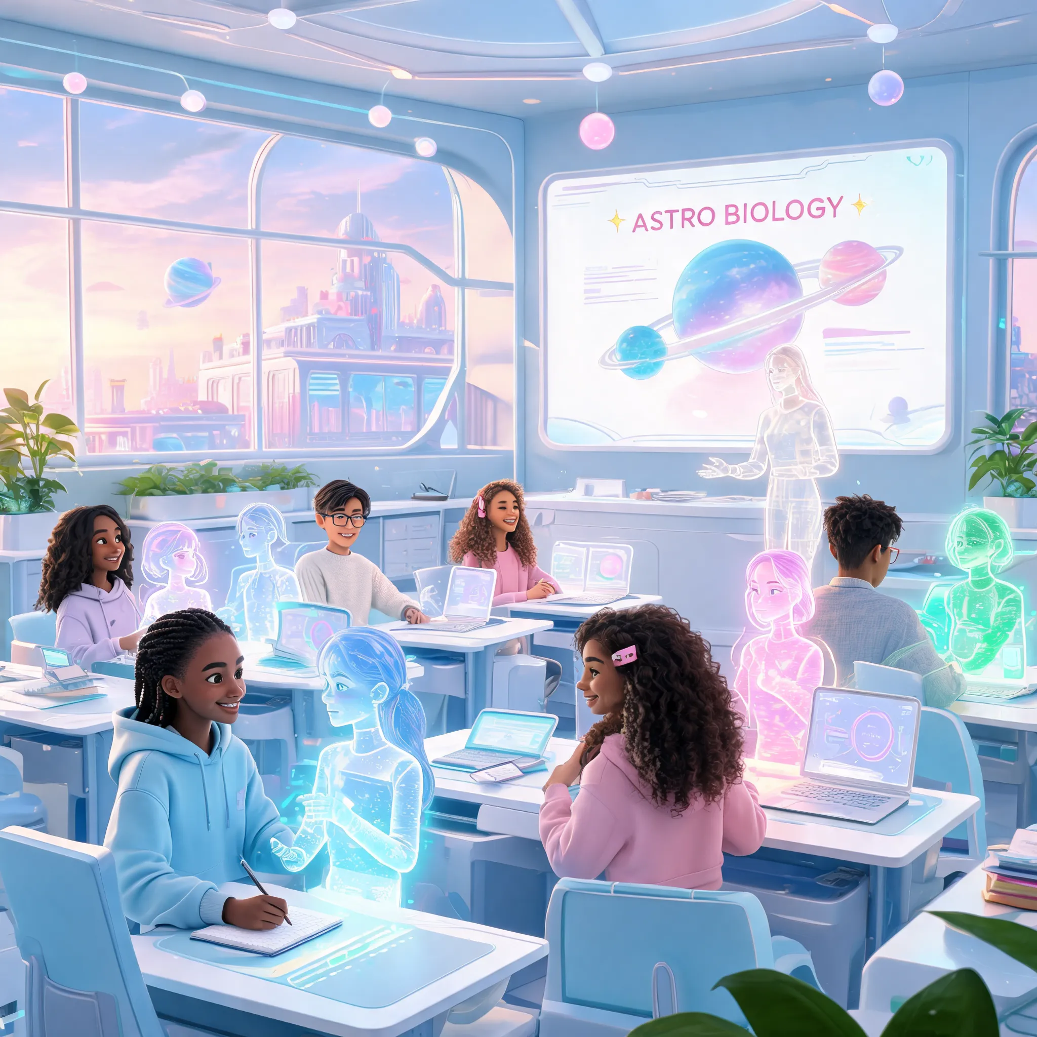 A futuristic classroom where human students and AI holograms learn together, bright and optimistic, diverse characters, soft pastel sci-fi style.