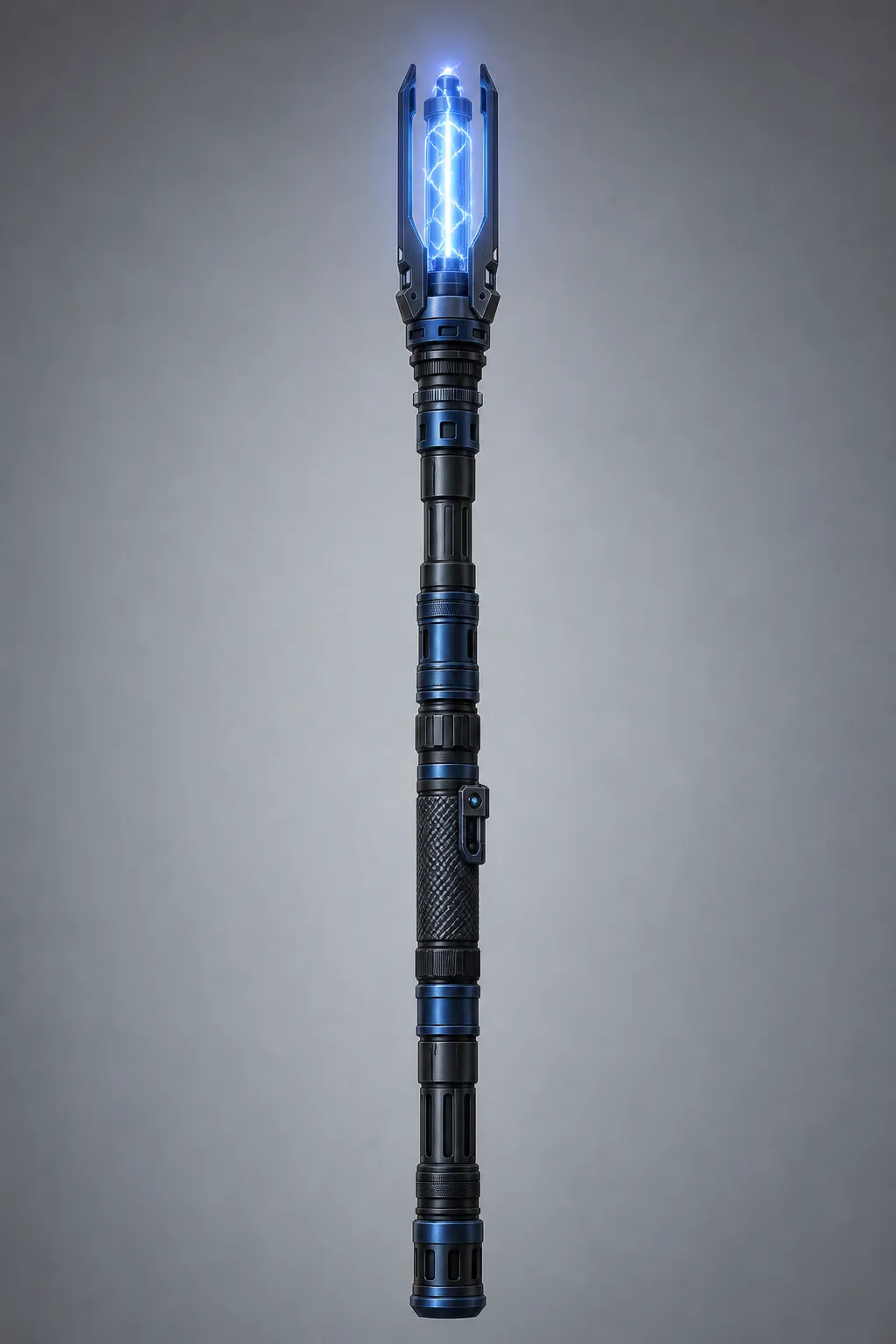 high-detail sci-fi electrostaff weapon, modular telescopic staff, blue plasma core at the tip, knurled grip with safety lock, metallic blue-black finish, tactical design, isolated on neutral background, front view, product-style concept render, high detail, no text, no logo --ar 2:3