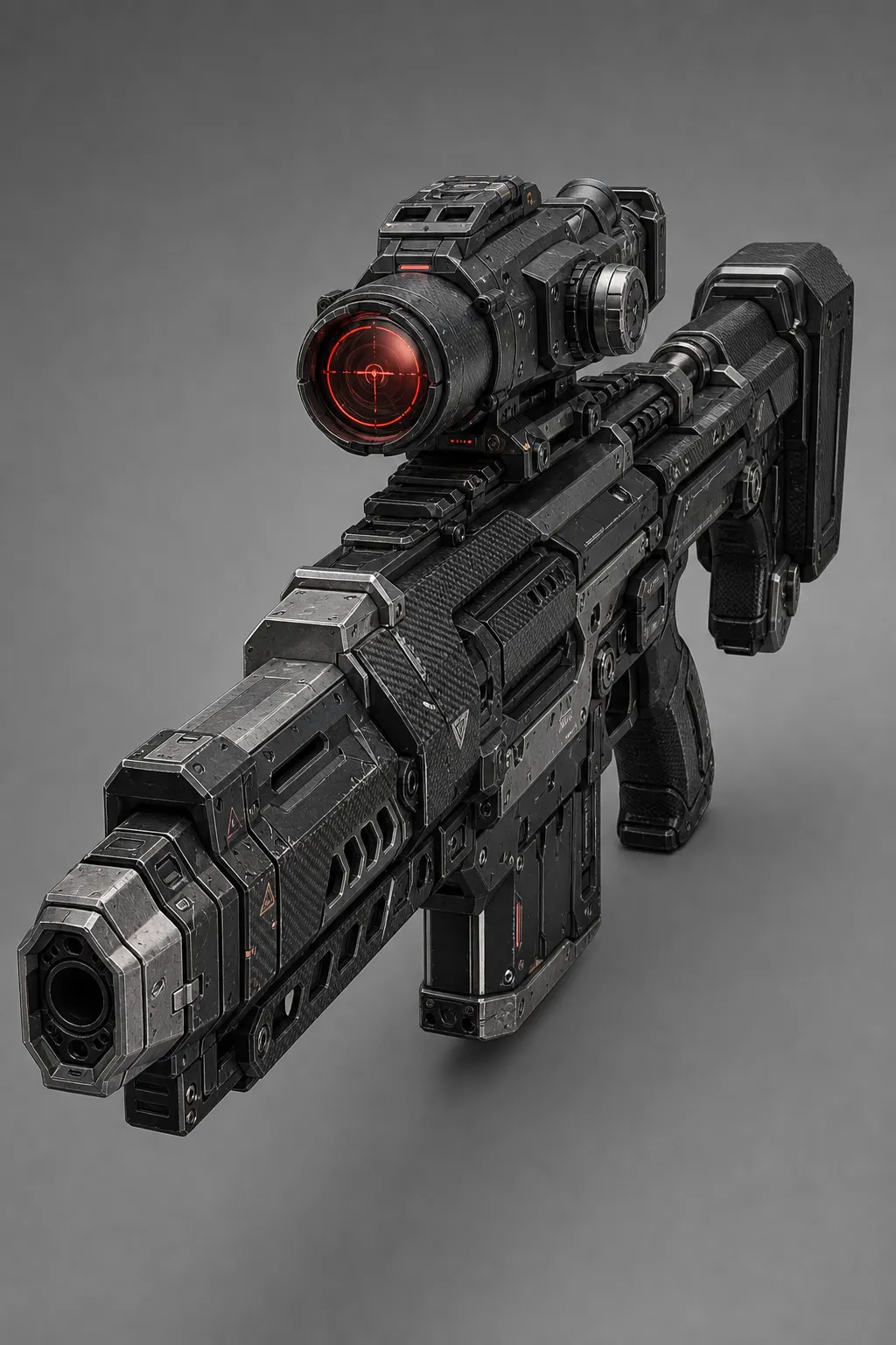 high-detail mech sniper rifle, compact but bulky combat style, carbon-fiber body, glowing red targeting scope, detachable barrel, engraved warning decals, metallic gray and black, isolated on neutral background, front three-quarter view, highly detailed concept art, no text, no logo --ar 2:3