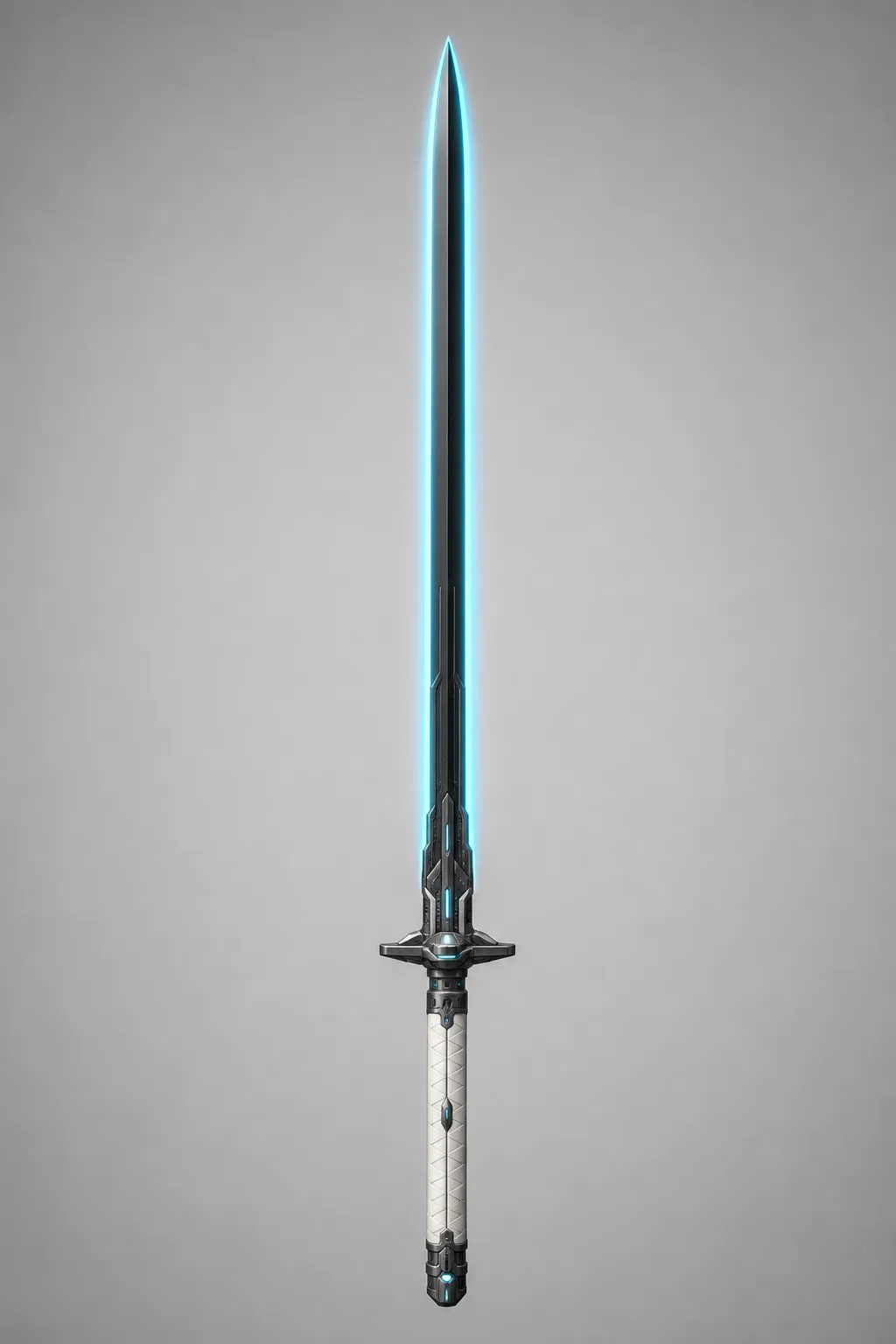 high-detail double-edged energy katana, thin black blade with cyan plasma edge, ceramic grip with reinforced guard, elegant engineering lines, sci-fi military finish, isolated on neutral background, full product render, highly detailed, no text, no logo --ar 2:3