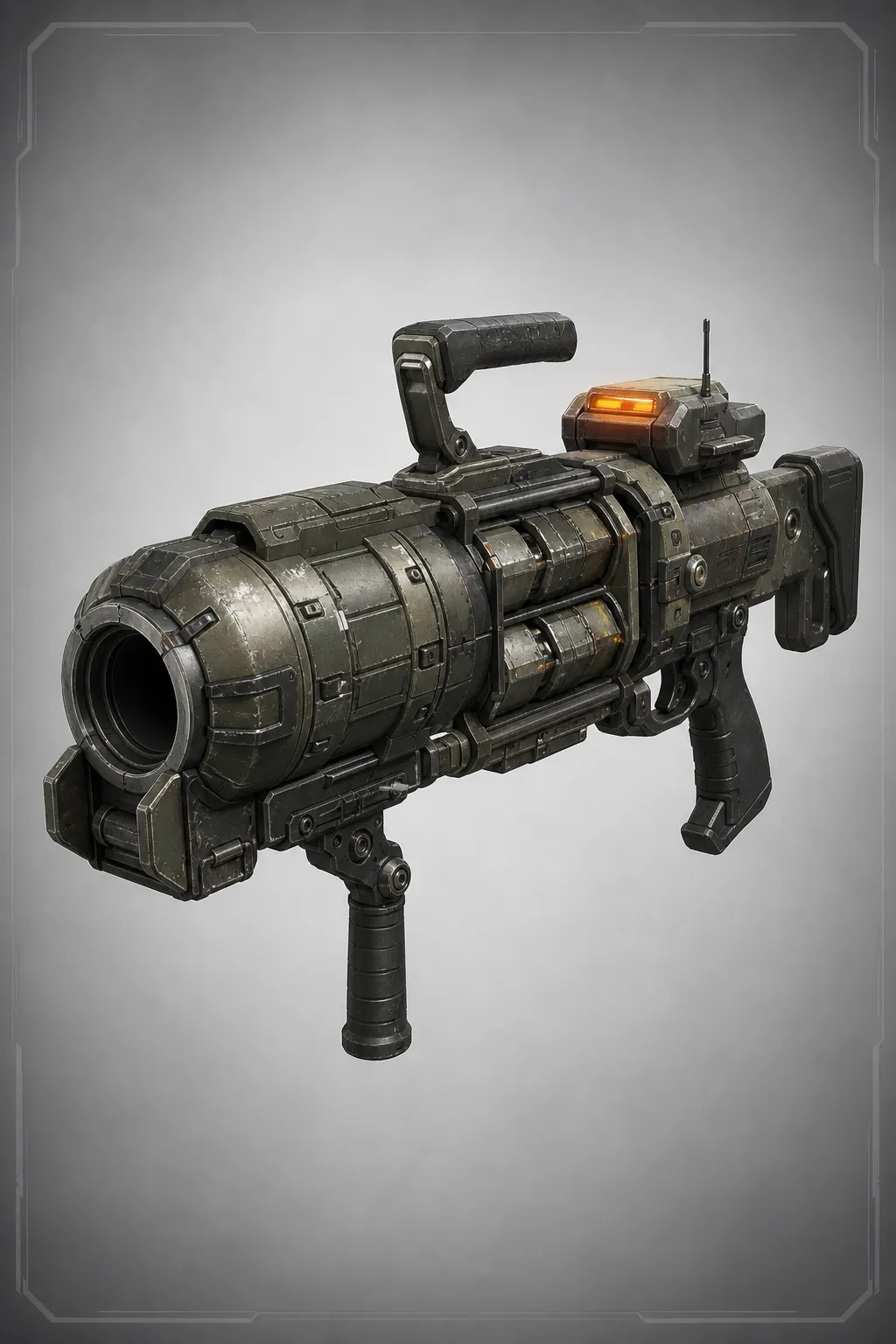 high-detail pulse grenade launcher, compact shoulder-launched weapon, segmented shell, orange warning light on charging unit, tactical handles, weathered combat metal textures, neutral studio background, 3/4 view, concept weapon sheet style, no text, no logo --ar 2:3