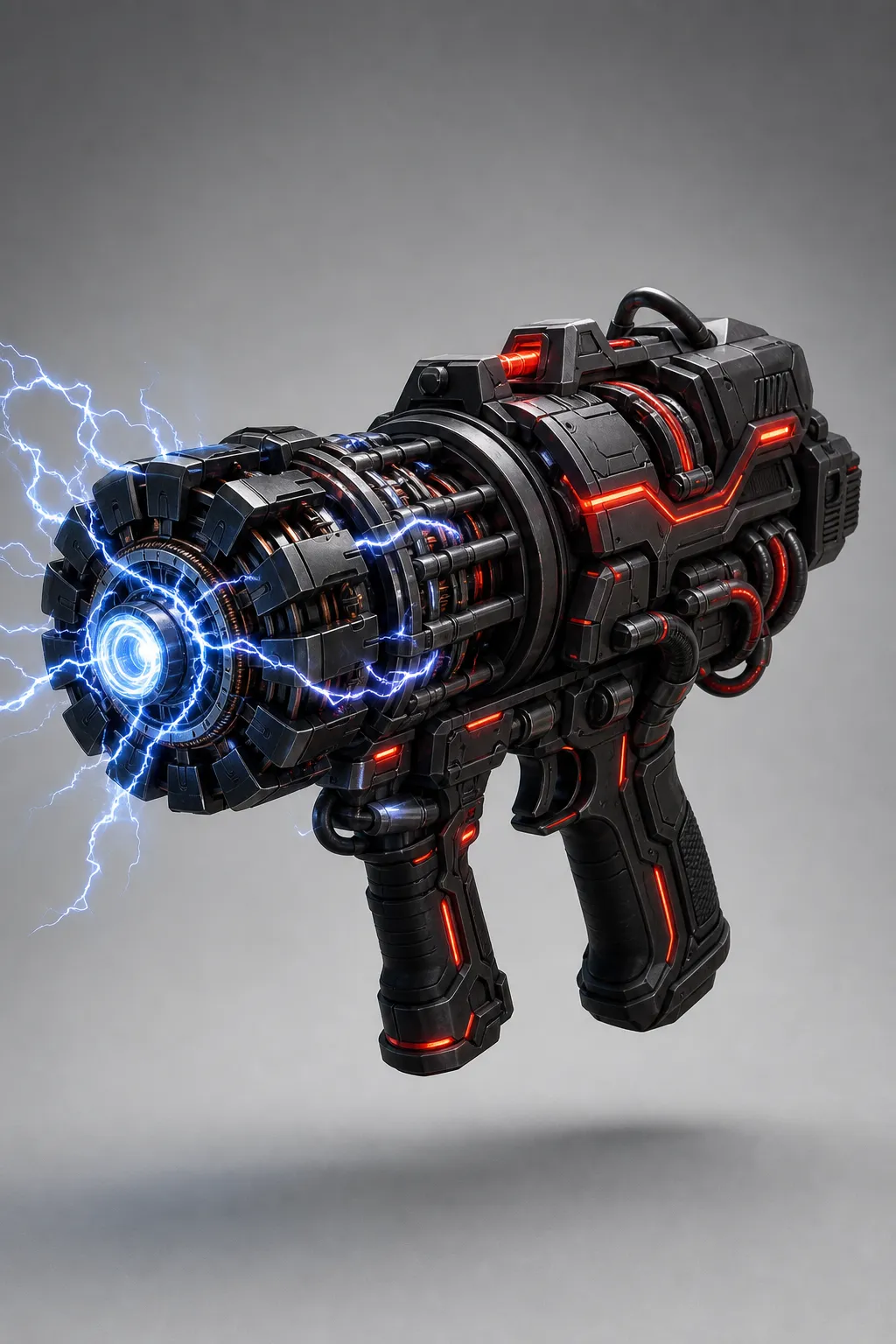 high-detail experimental EMP cannon, bulky handheld anti-robot weapon, rotating coil array, crackling electric arcs around barrel, red warning seams, rugged black titanium body, isolated on neutral background, hero product render, high detail, no text, no logo --ar 2:3
