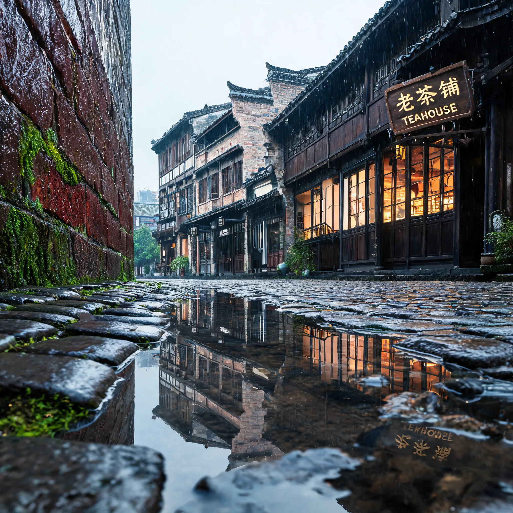Cobblestone street after rain, reflections of ancient buildings in puddles, damp red brick walls, teahouse with vintage signs, fresh moss scent in the air