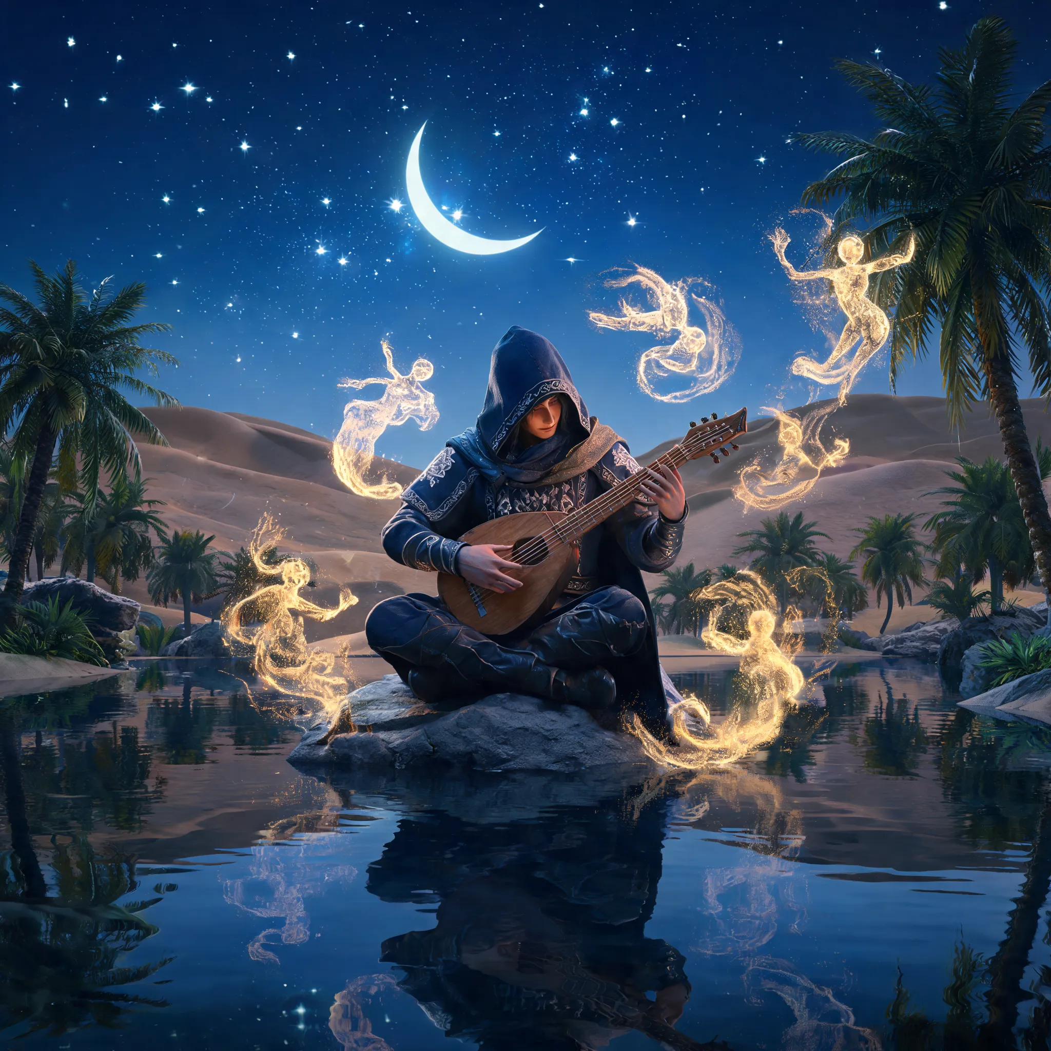 A mysterious bard playing an instrument by an oasis, with sand spirits dancing around.