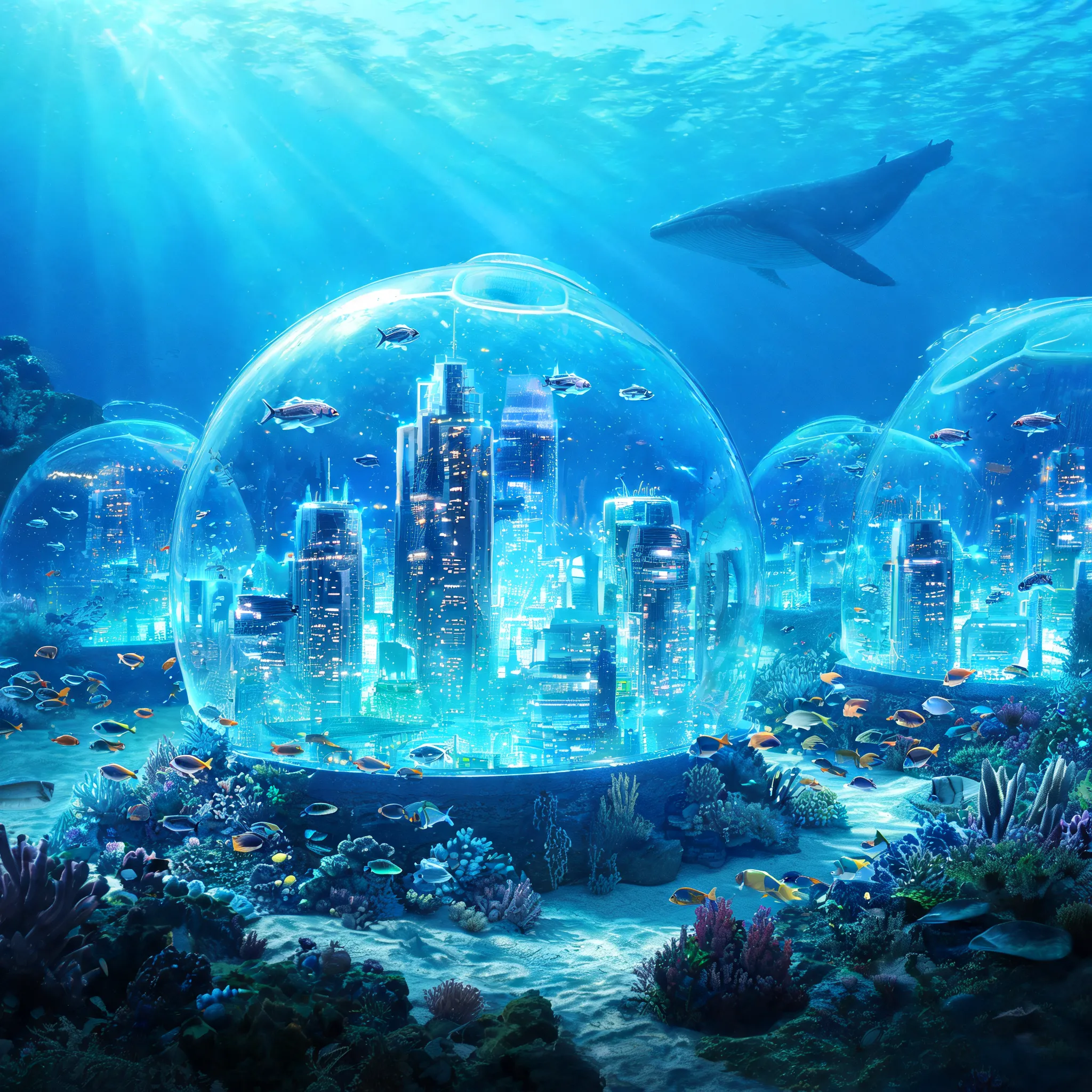 A futuristic city located on the ocean floor, protected by transparent domes, with various fish and marine life swimming around the structures, and the silhouette of a massive whale visible in the distance.