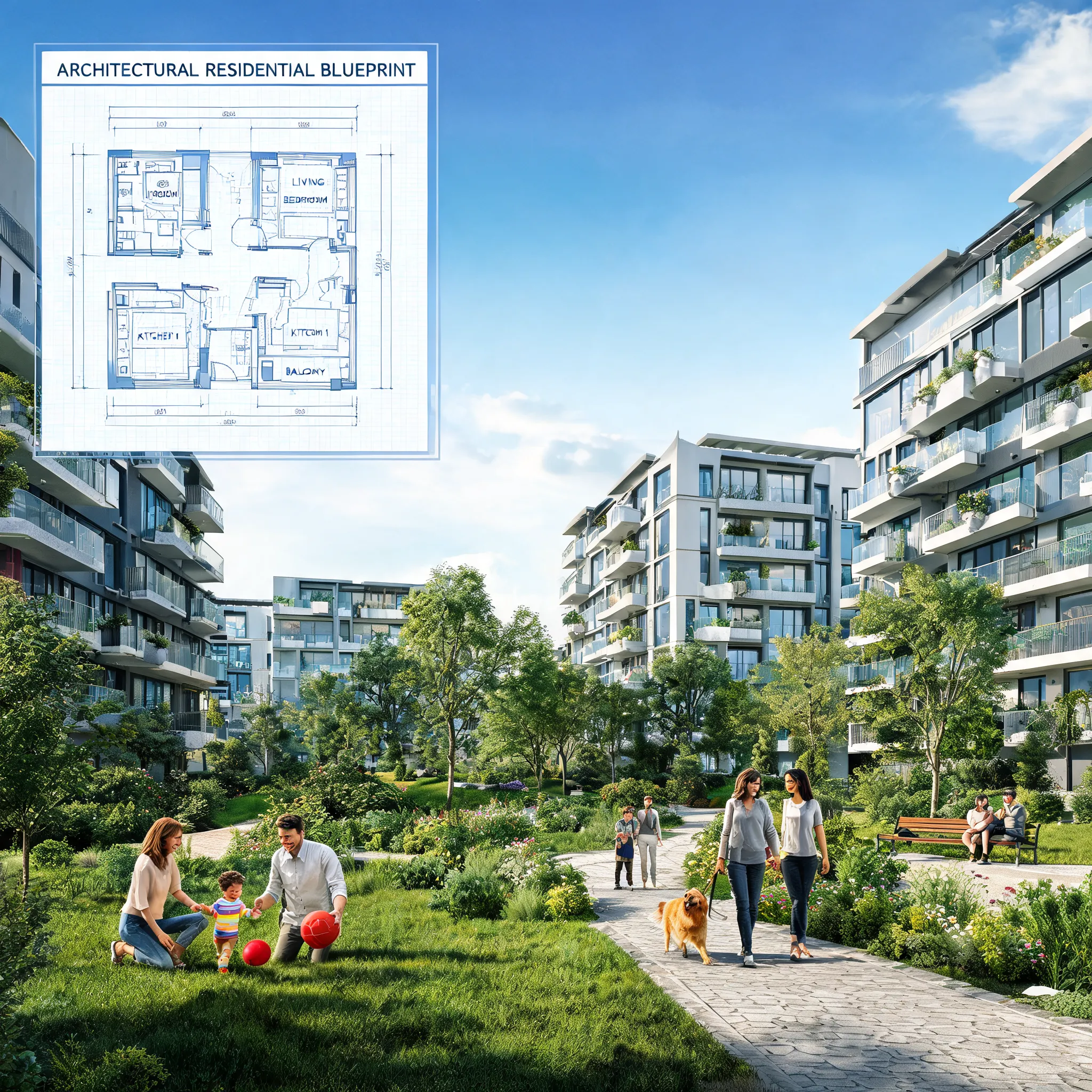 Modern residential buildings, green community, family scenes, architectural blueprints
