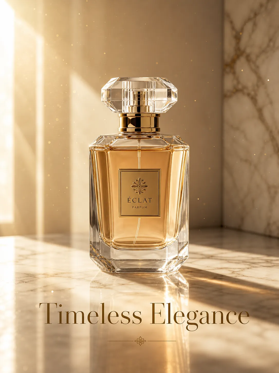 Luxurious perfume advertisement poster, minimalist composition, a single crystal glass bottle centered on a marble surface, soft golden hour backlighting creating elegant shadows, floating gold dust particles, serif typography reading "Timeless Elegance" in the lower third, refined and sophisticated brand aesthetic, 8k, fashion editorial photography style.