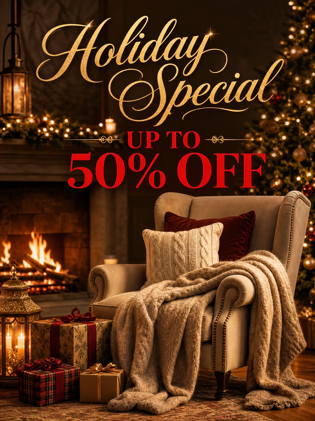 Cozy winter home decor sale poster, warm living room interior with a glowing fireplace, Christmas tree with fairy lights in the background, a comfortable armchair with soft blanket, floating sale tags and gift boxes, elegant gold cursive text "Holiday Special" at top, bold red text "UP TO 50% OFF" centered below, cozy and inviting atmosphere, cinematic lighting.