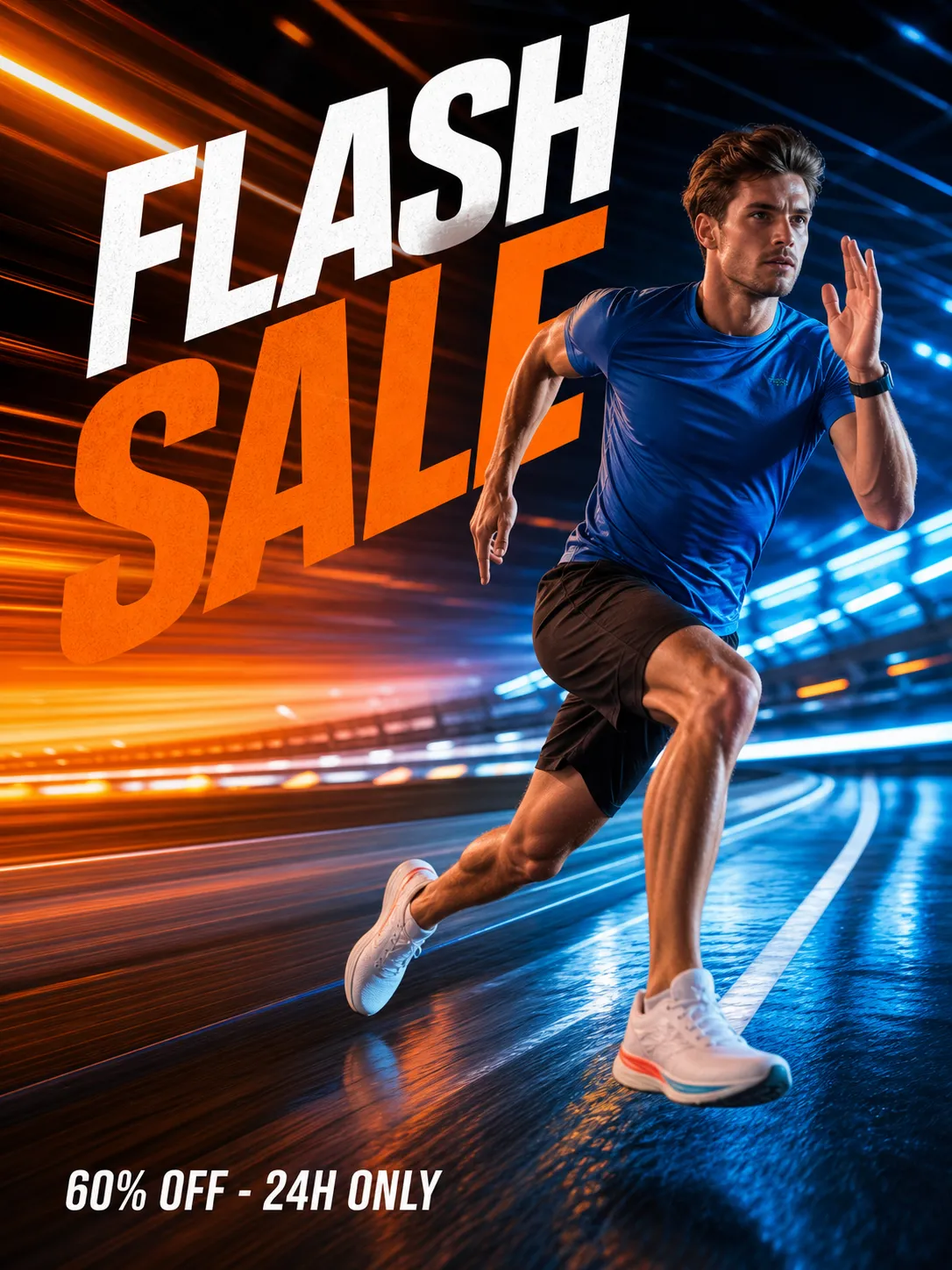 Sportswear flash sale banner, dynamic shot of a runner in motion on a futuristic track, motion blur and speed lines effect, vibrant orange and blue contrasting colors, large bold typography "FLASH SALE" diagonally across the image, smaller text "60% OFF - 24H ONLY" at bottom left, high energy atmosphere, athletic and empowering vibe, hyper-realistic photography.