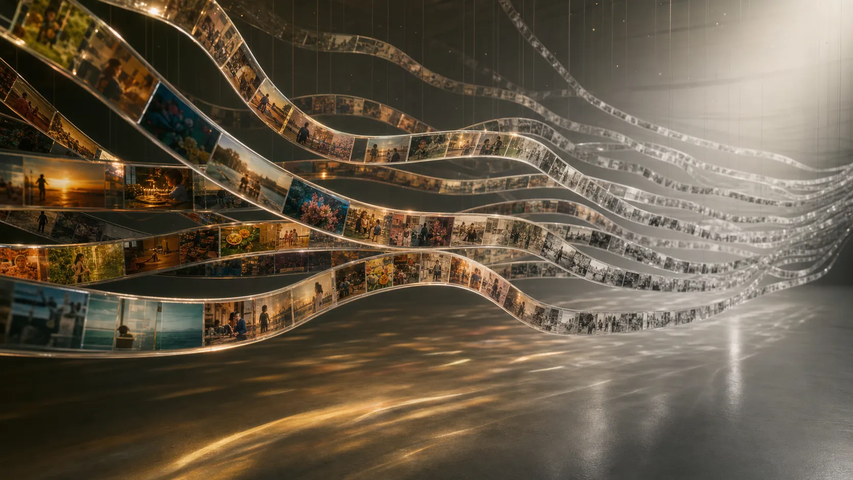 An abstract visualization of time flowing through space as thousands of translucent glass ribbons suspended in midair. Each ribbon contains frozen moments of everyday life, gradually fading from vivid colors into monochrome as they twist toward a distant vanishing point. Soft volumetric lighting, museum installation art, poetic minimalism, ultra-detailed, emotionally evocative, contemporary fine art photography.