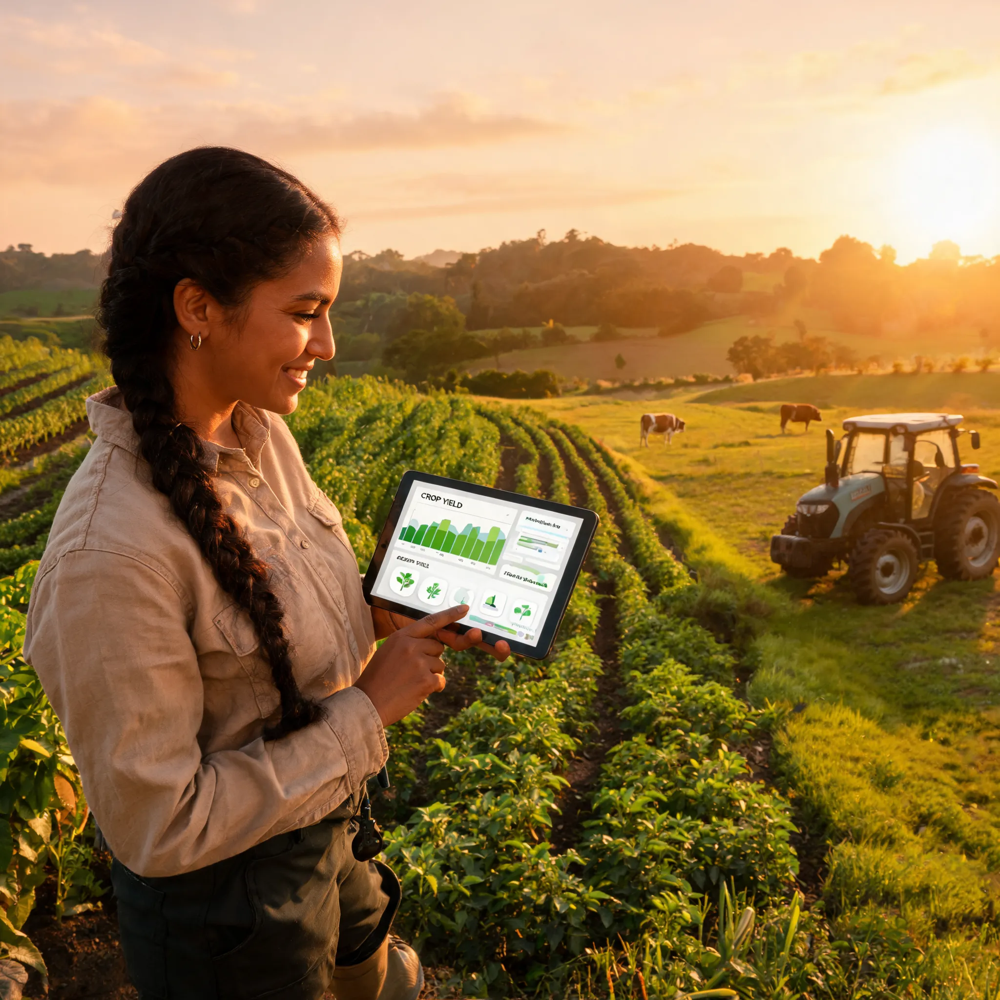 Latin American female agripreneur, pastoral scene, warm sunlight, modern agriculture representation