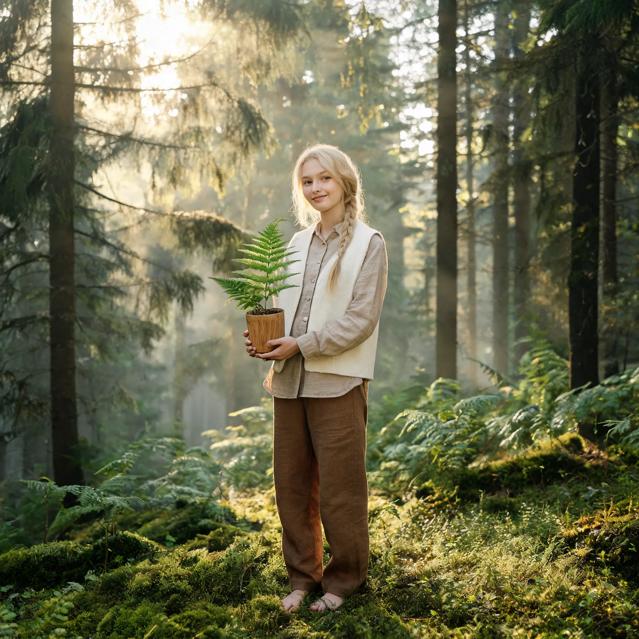 Nordic environmentalist, natural light portrait, forest background, sustainable lifestyle concept