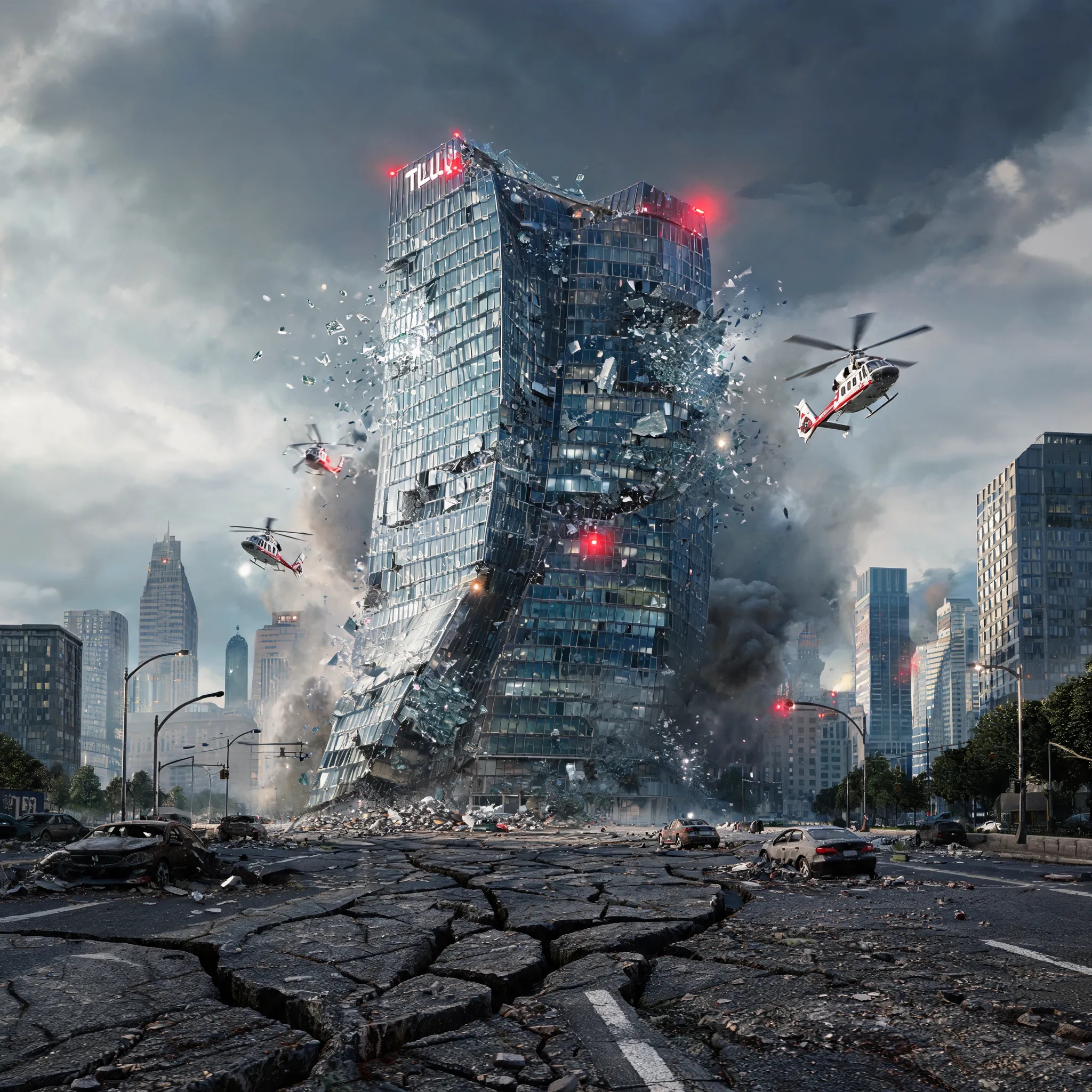 Skyscraper swaying during earthquake, glass facade shattering, rescue helicopters weaving between buildings, distress signals flashing through smoke, ground cracks spreading