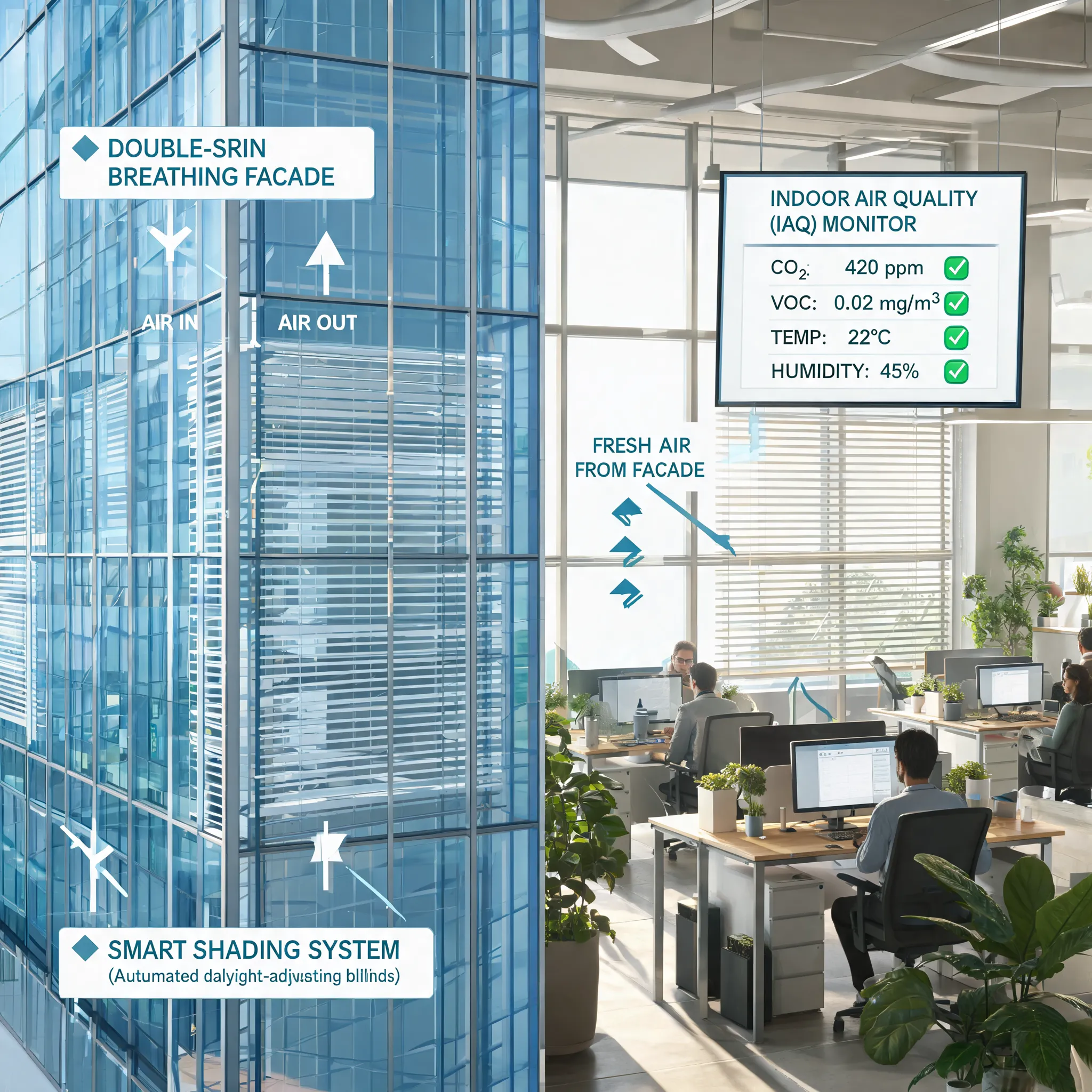 Eco-friendly office building daylighting analysis showing double-skin breathing facade and smart shading system with indoor air quality monitoring