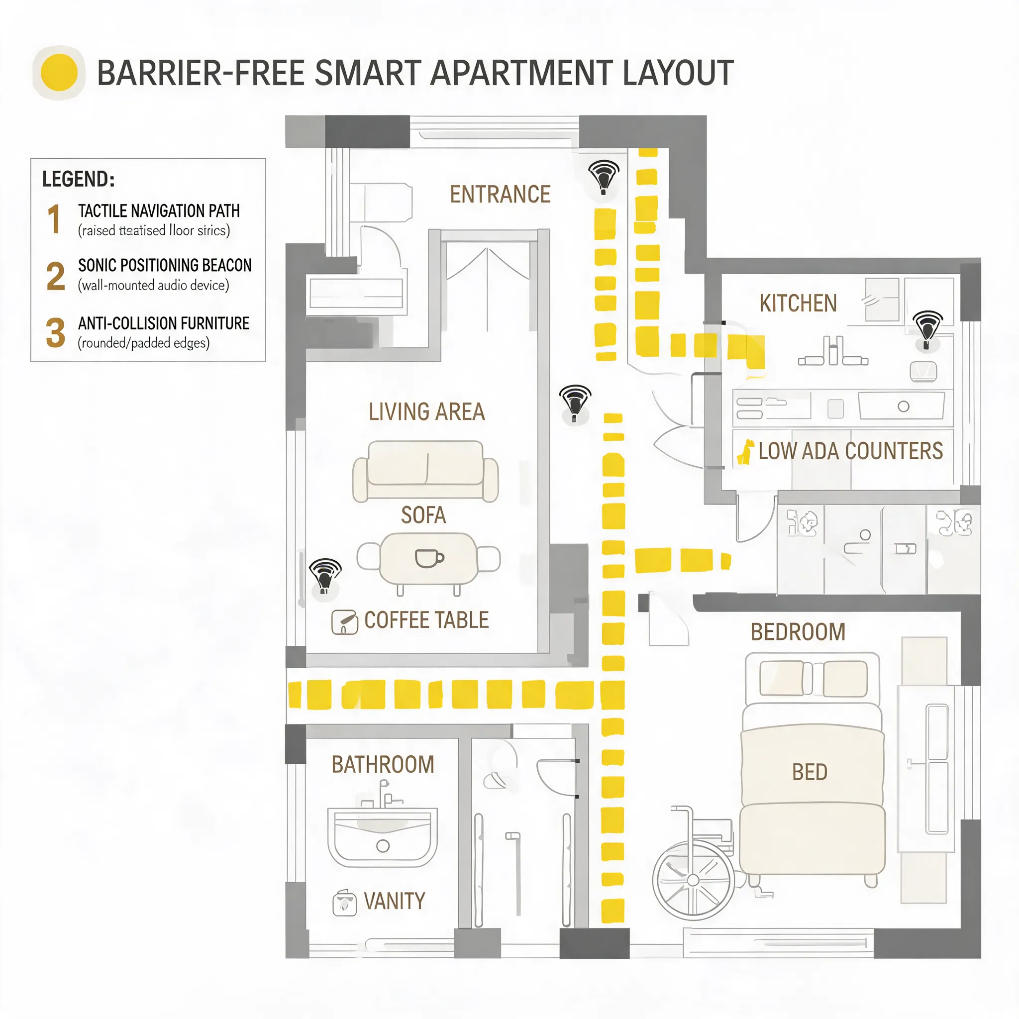 Barrier-free smart apartment layout with tactile navigation system and sonic positioning devices, featuring anti-collision furniture design