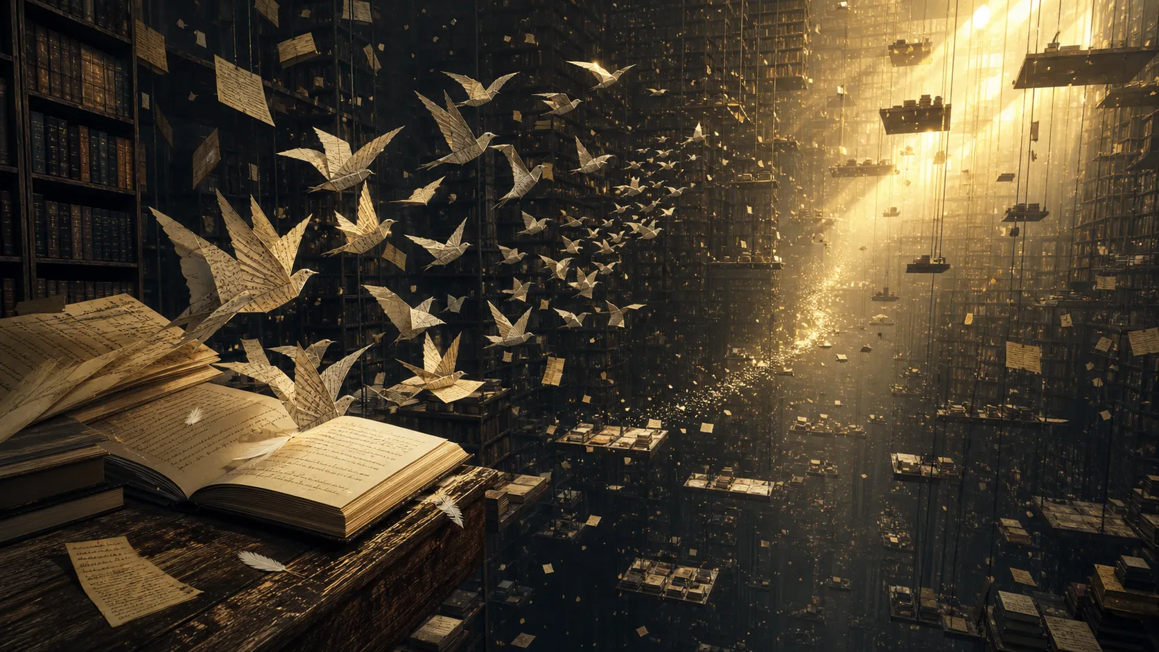 An enormous floating library where books dissolve into flocks of paper birds as they are opened. Endless shelves disappear into darkness, while fragments of handwritten letters drift through golden sunlight. Quiet, melancholic atmosphere, surreal realism, large-scale installation art, cinematic composition, gallery-quality visual storytelling.