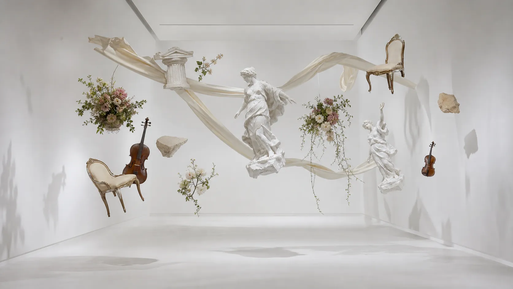 Inside a perfectly white gallery, marble sculptures, flowing silk fabrics, antique chairs, musical instruments, and blooming flowers all float weightlessly in carefully balanced harmony. Every object casts soft shadows, creating an elegant visual rhythm. Minimalist contemporary art installation, architectural photography, ultra-clean composition.