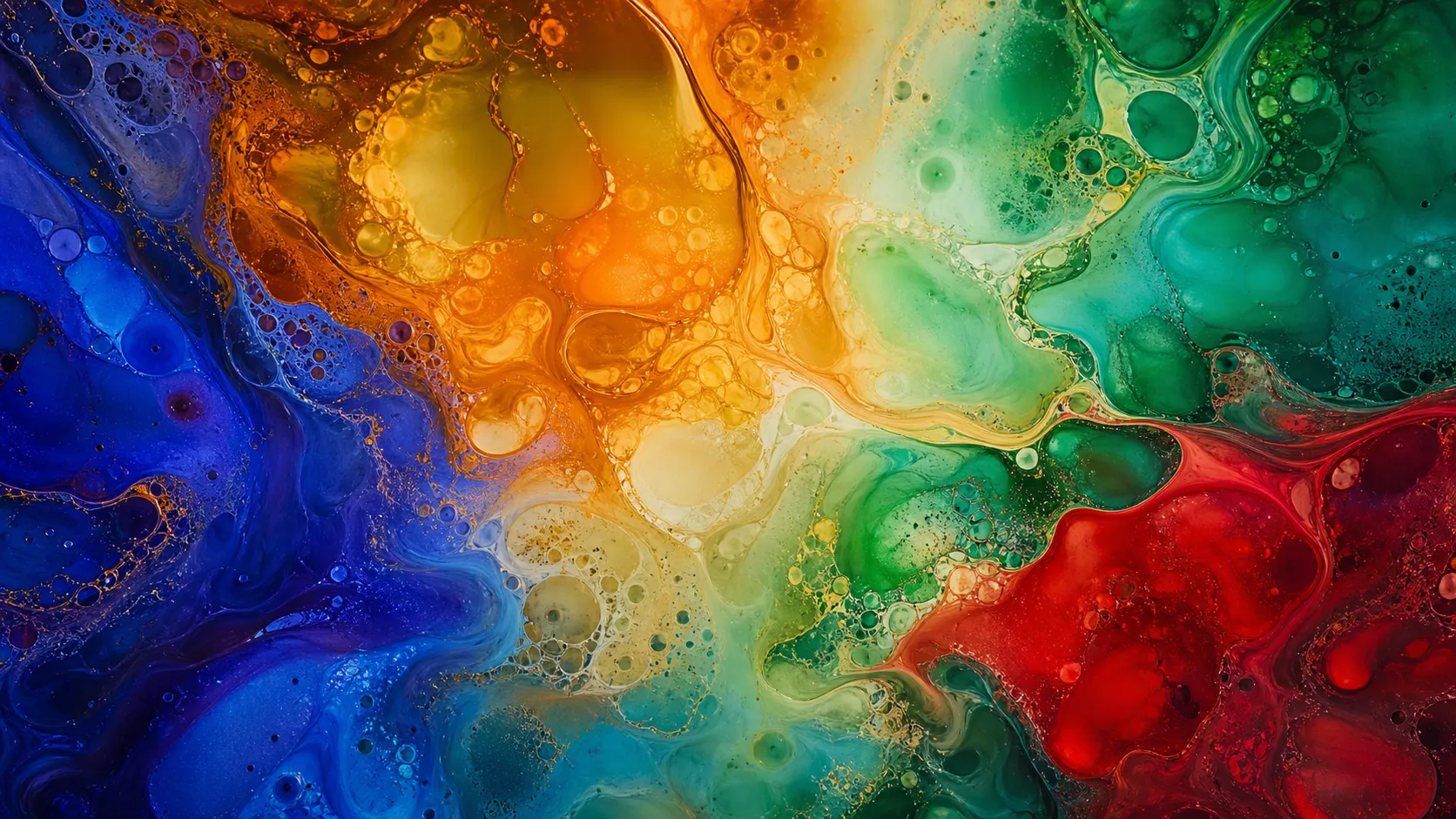 A completely abstract composition where flowing gradients of deep blue, amber, emerald green, ivory, and crimson appear to breathe like living organisms. Organic shapes continuously merge and separate, resembling microscopic life forms. Inspired by contemporary abstract painting and fluid art, ultra-high resolution, museum-quality composition.