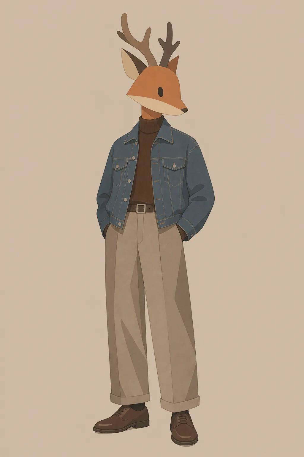 Abstract geometric anthropomorphic animal protagonist, minimalist block shape, mixed fox and deer silhouette, smooth rounded geometric composition, flat matte color blocks, hollow oval eyes only, human body proportion, slender human limbs, wearing vintage workwear denim jacket, turtleneck sweater, wide drape trousers, leather shoes, soft window ambient light, Morandi low saturation color, flat 2D illustration, minimalist art, clean solid color background, medium shot, clean outline, fashion illustration, 8k, high detail Negative prompt: photorealistic, fur, detailed facial features, realistic skin, deformed limbs, messy textures, 3d render, glossy reflections