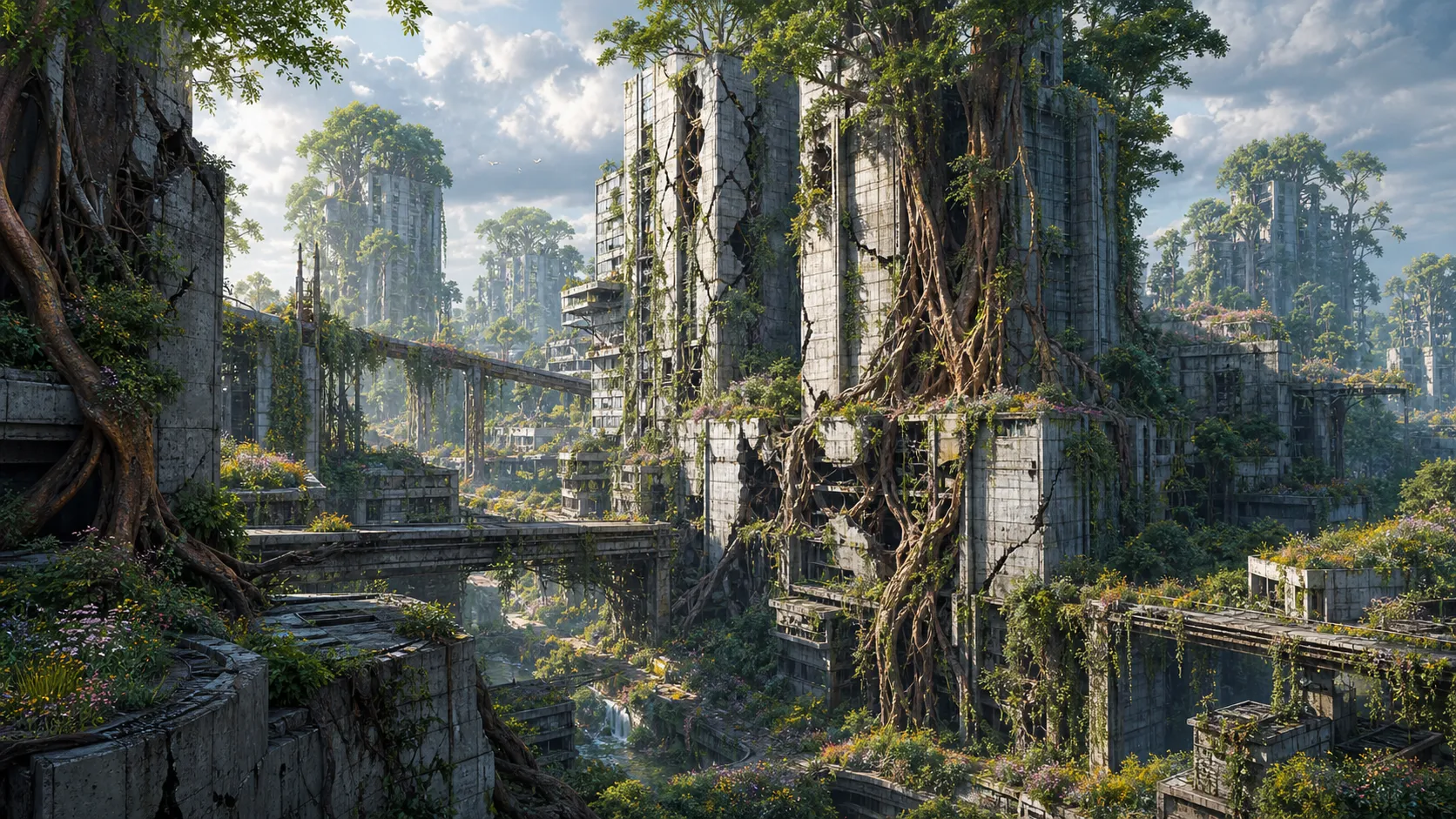 A brutalist concrete city slowly transforming into a living forest. Massive buildings crack open as giant trees emerge from within, roots wrapping around architecture, wildflowers covering rooftops, vines replacing steel structures. Hopeful ecological surrealism, highly detailed digital fine art.