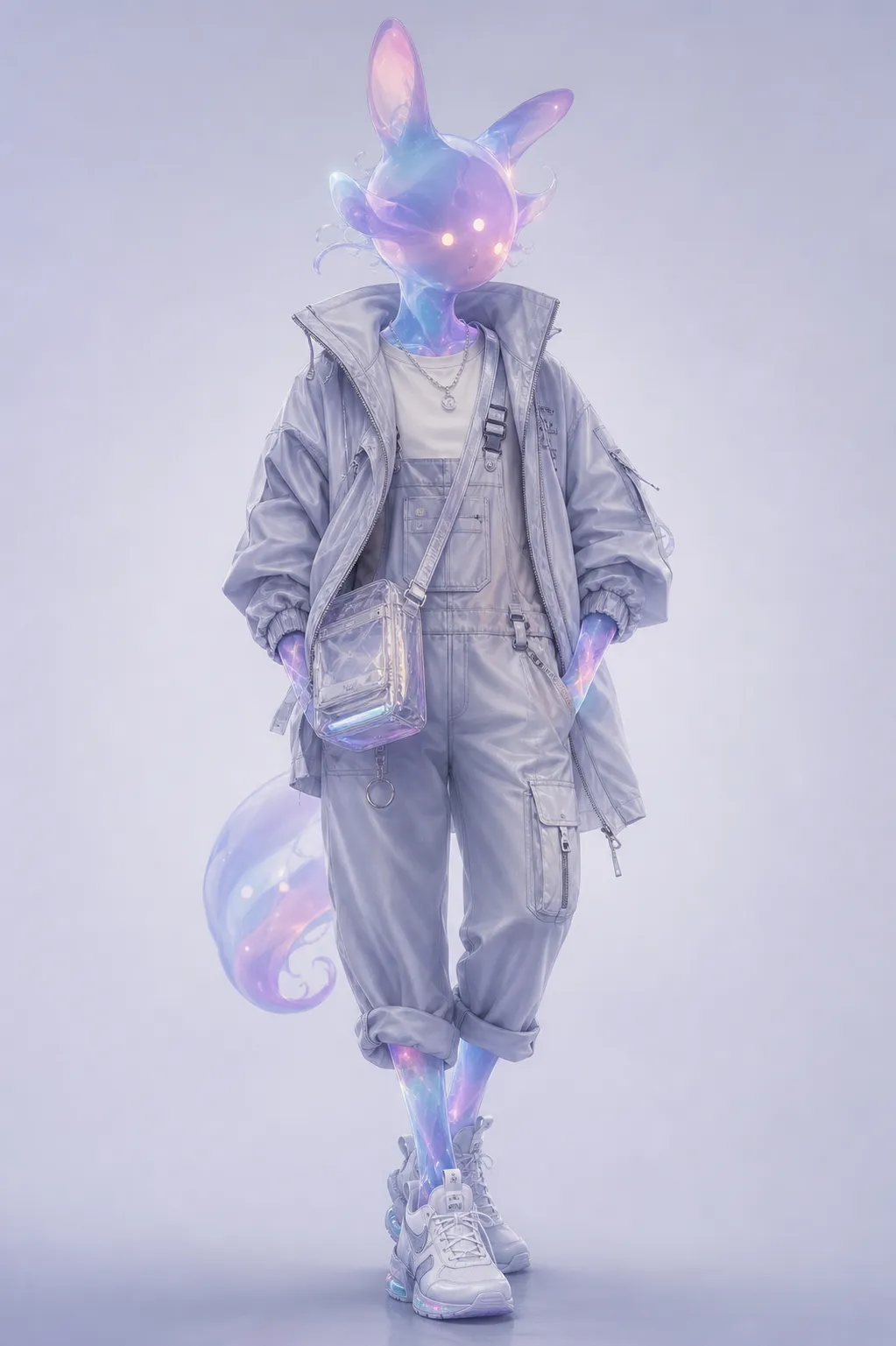 Fluid liquid abstract anthropomorphic animal protagonist, body made of translucent gradient flowing color blocks, blended soft shapes of cat and rabbit, blurry soft outlines without hard edges, facial features replaced by floating glowing dot light spots, complete human torso and limbs, can fully wear human fashion clothes, oversized light gray functional windbreaker, cuffed functional overalls, elevated sneakers, transparent functional shoulder bag, simple silver jewelry, clear fabric texture of clothes, fits fluid abstract body without incongruity, secondary painting thick coating illustration, soft light gradient lighting, low contrast soft focus picture, haze blue + lavender main color, solid light gray gradient background, full-body character drawing, character centered, atmospheric abstract art, soft cyber aesthetic, delicate fabric details, 8k, ultra-detailed, soft rendering