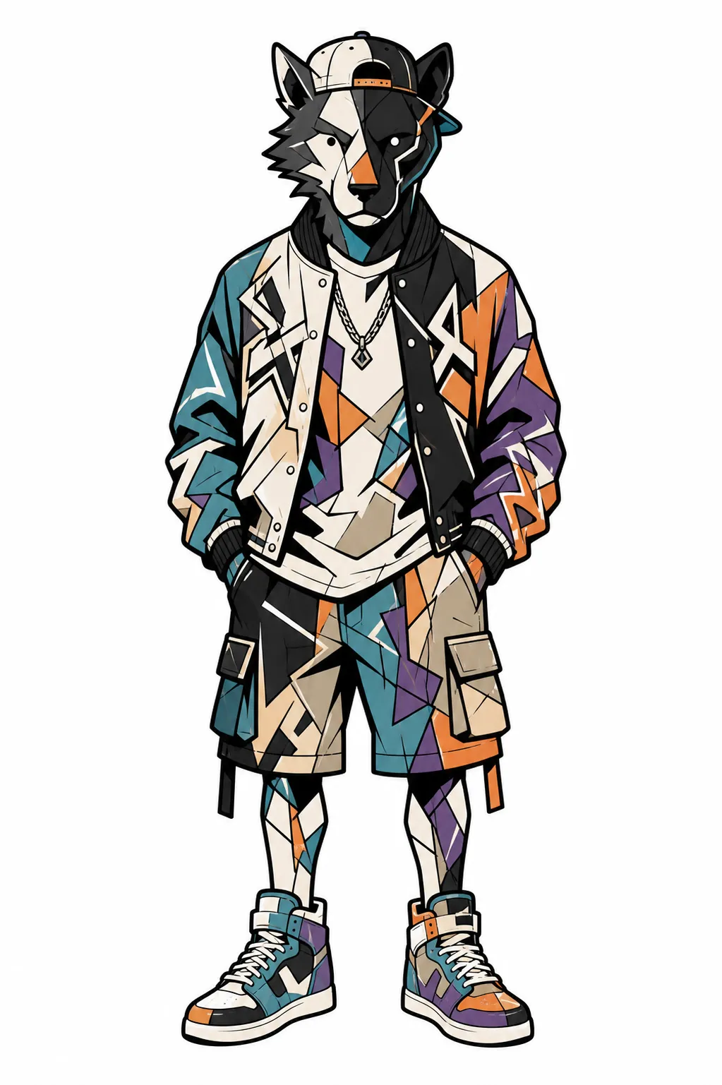 Graffiti deconstructed abstract anthropomorphic beast, mixed silhouette of wolf and black panther, body spliced by misplaced graffiti color blocks and irregular lines, hollow lines instead of solid skin, minimalist dot eyes, standard human figure, wide shoulders and narrow waist human model body shape, compatible with all human clothing, American retro baseball jacket, printed short sleeves, cargo cropped shorts, high-top skate shoes, metal necklace, baseball cap, street trend outfits, natural clothing folds, street graffiti art, high contrast low saturation color collision, thick black outline lines, 2D vector illustration, pure white minimalist background, full-body character illustration, IP character design, trendy toy image, clean smooth lines, flat color rendering, commercial illustration, high definition