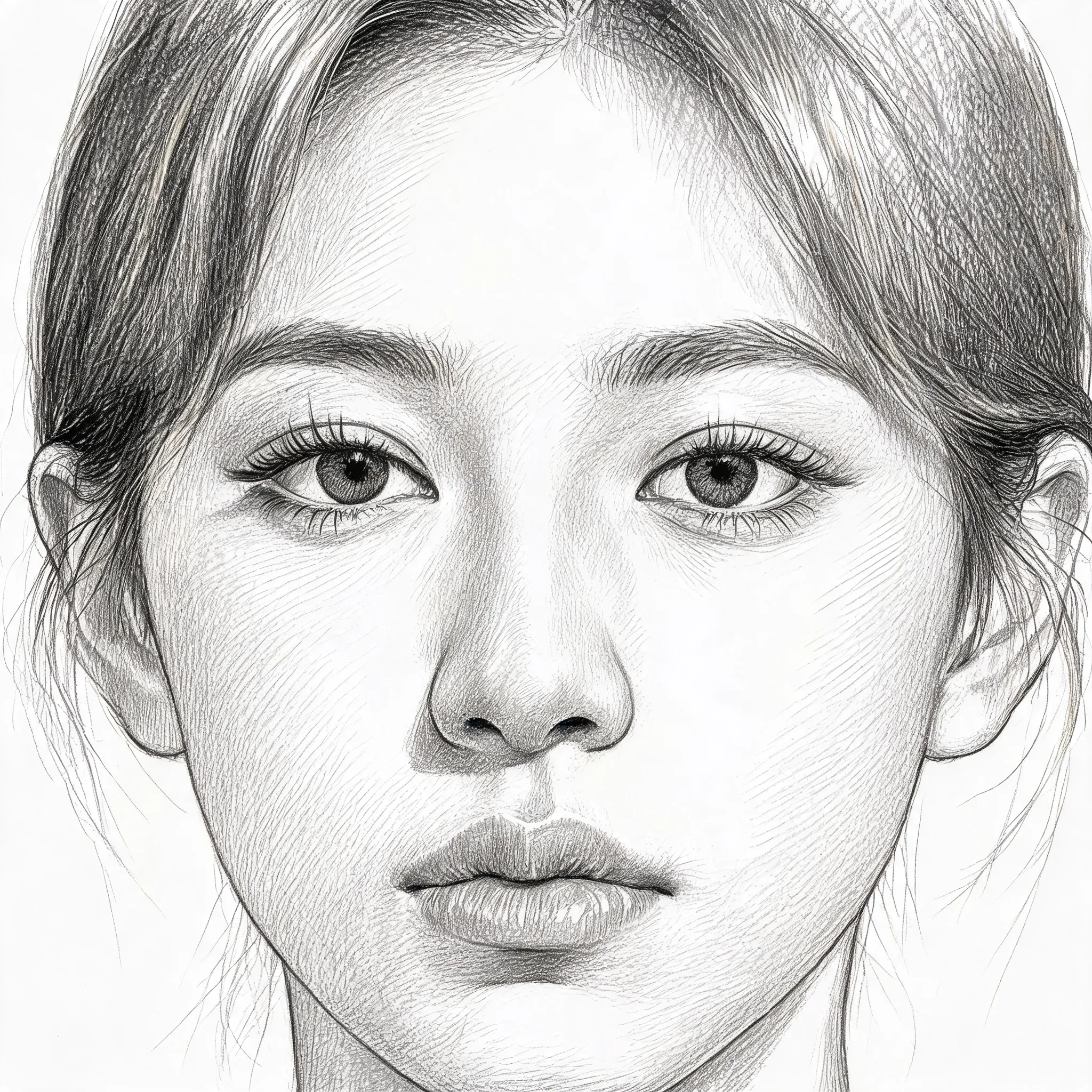 Recreate the uploaded portrait photo as a hyper-realistic line sketch. Focus the entire rendering on the face: use pencil lines of varying density, weight, and hatching to draw every shadow, highlight, and facial detail—there should be no soft, blended shading, only linework defining light and dark. Keep contour lines sharp and expressive, use layered cross-hatching to build volume and texture, and maintain the character’s exact likeness and expression. The rest of the portrait and background should be simple and unobtrusive, so all attention stays on the linework of the face. Hand-drawn, authentic pencil sketch texture, high detail, pure black and white, no distortion.