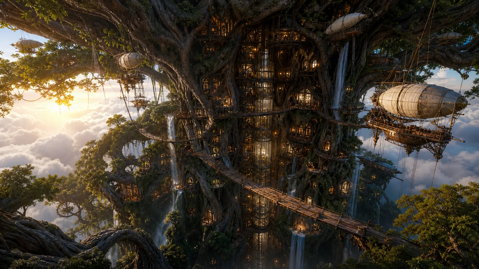 An enormous thousand-year-old tree whose hollow trunk contains an entire vertical city. Glass elevators move through the tree's core, hanging gardens grow from every branch, waterfalls flow between wooden bridges, and glowing lanterns illuminate homes carved into the bark. Tiny airships dock among the highest branches above the clouds. Hyper-realistic fantasy architecture, breathtaking worldbuilding.